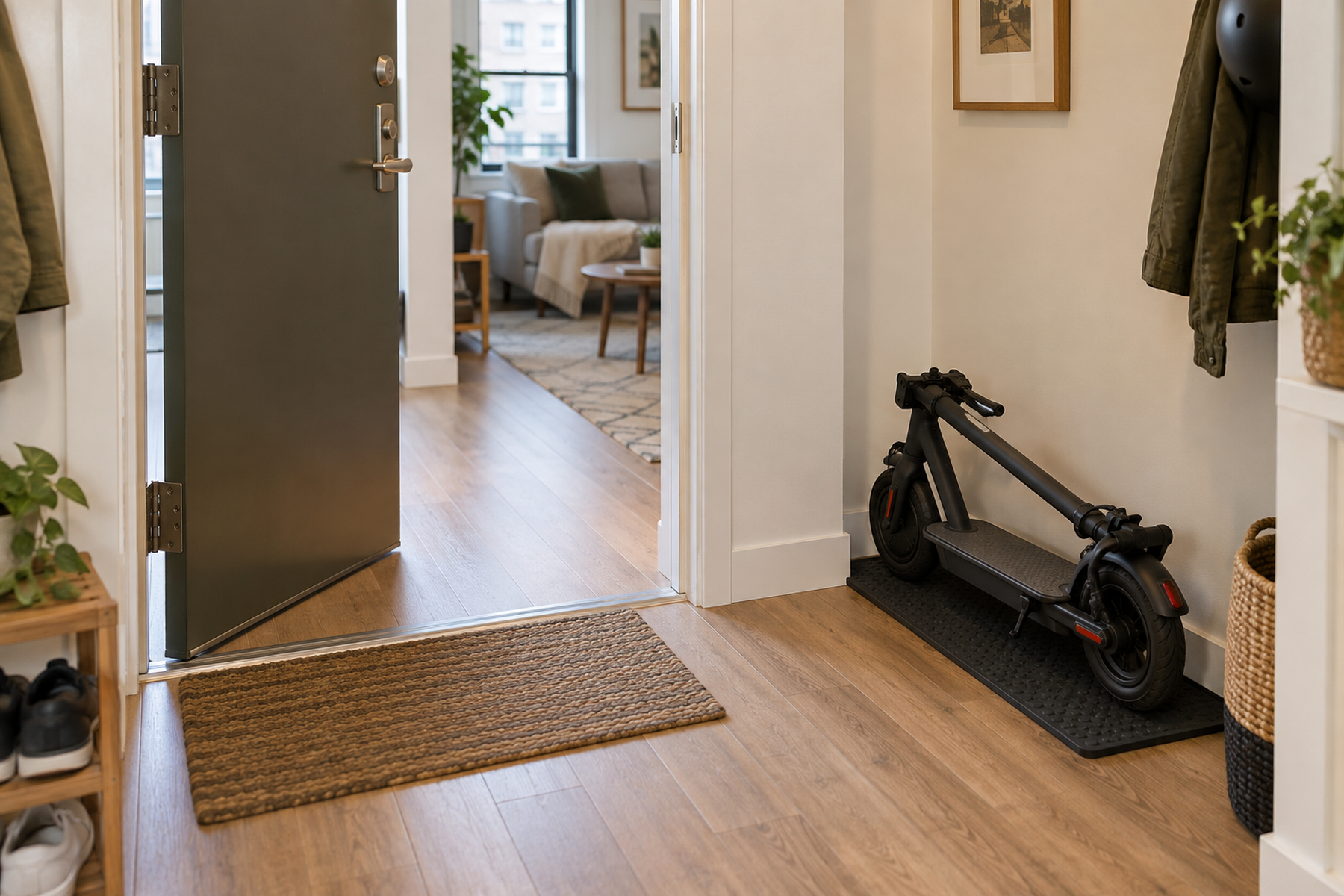 A folded electric scooter is parked on a narrow mat in a side alcove while the small apartment's open front door, threshold, and main walking route remain clear.