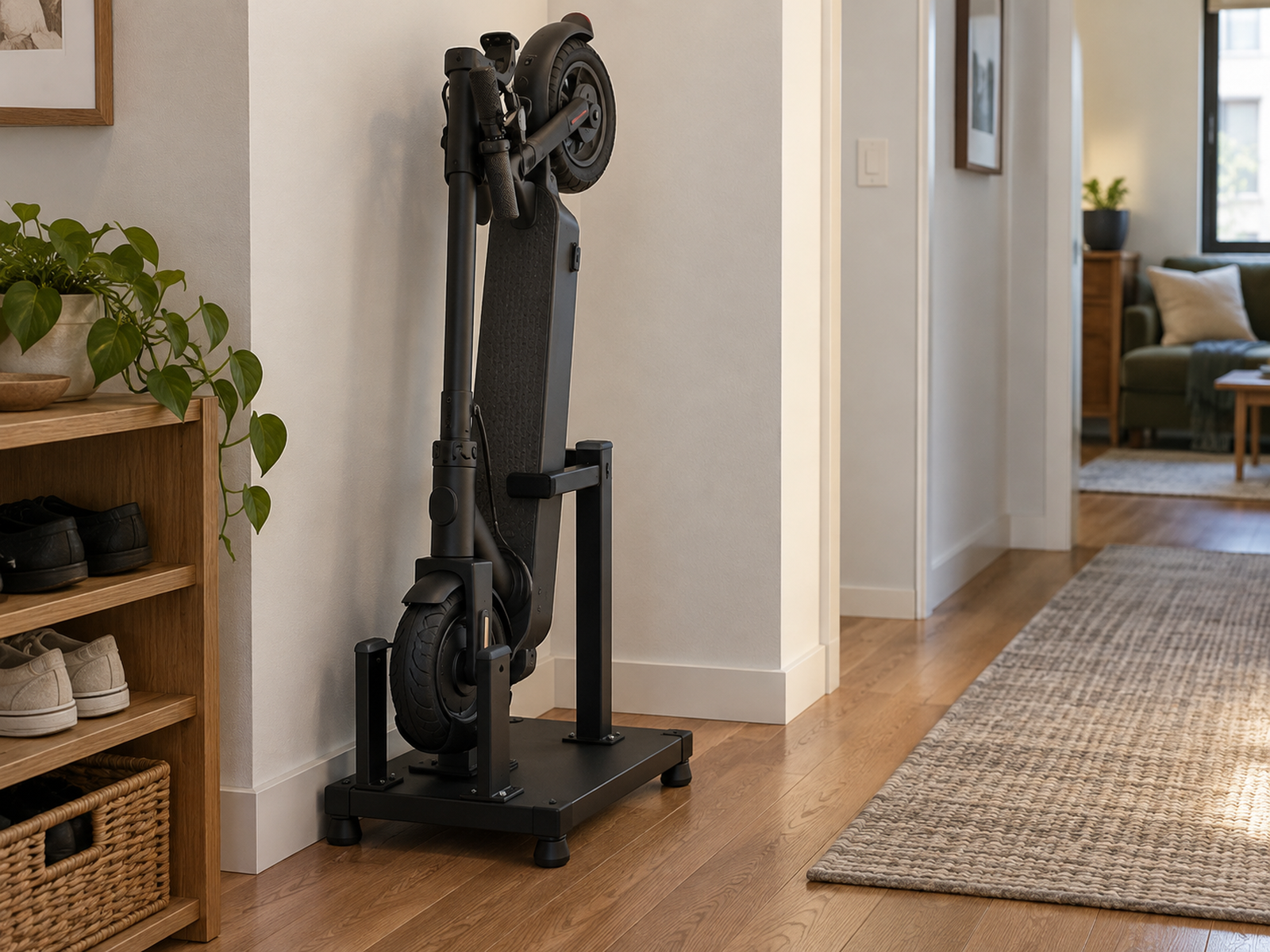 A folded electric scooter stands vertically in a broad freestanding floor cradle beside a clear apartment walkway without touching or attaching to the wall.