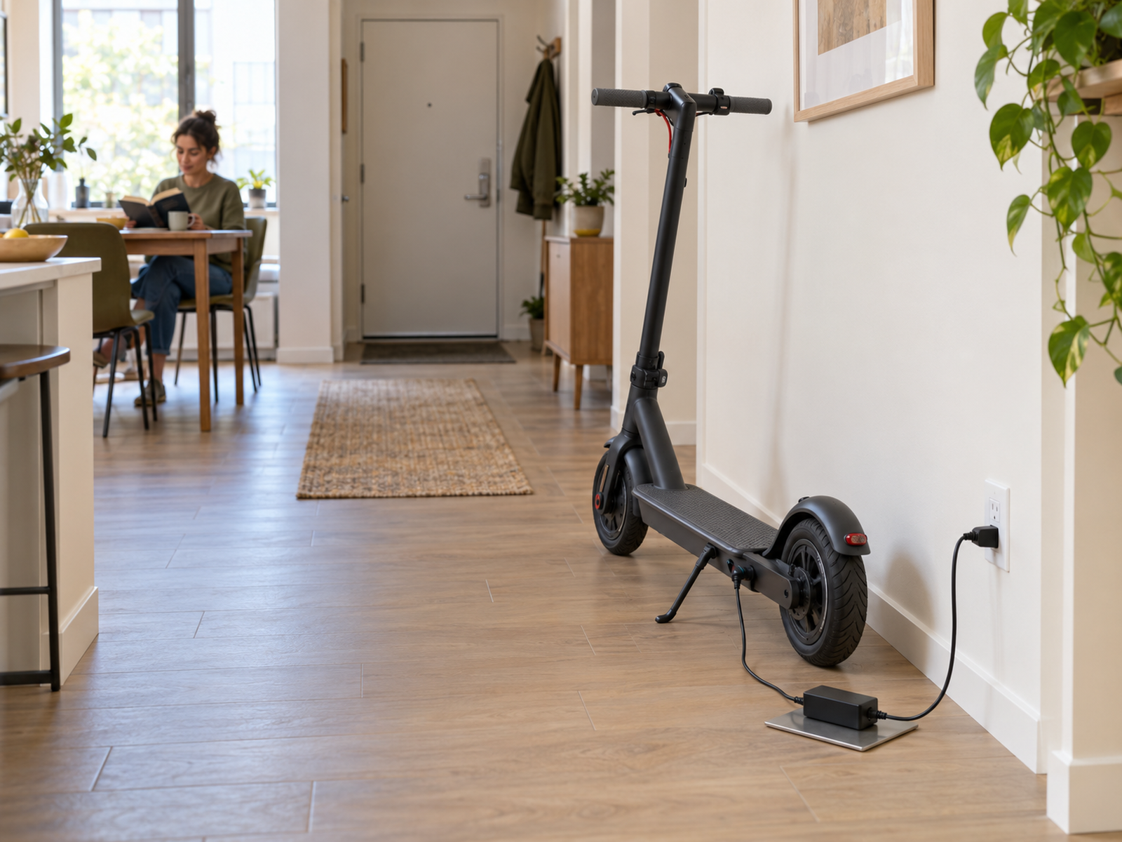An electric scooter charges in an open apartment area from one wall outlet through a single charger brick and controlled cable while the exit path remains clear.