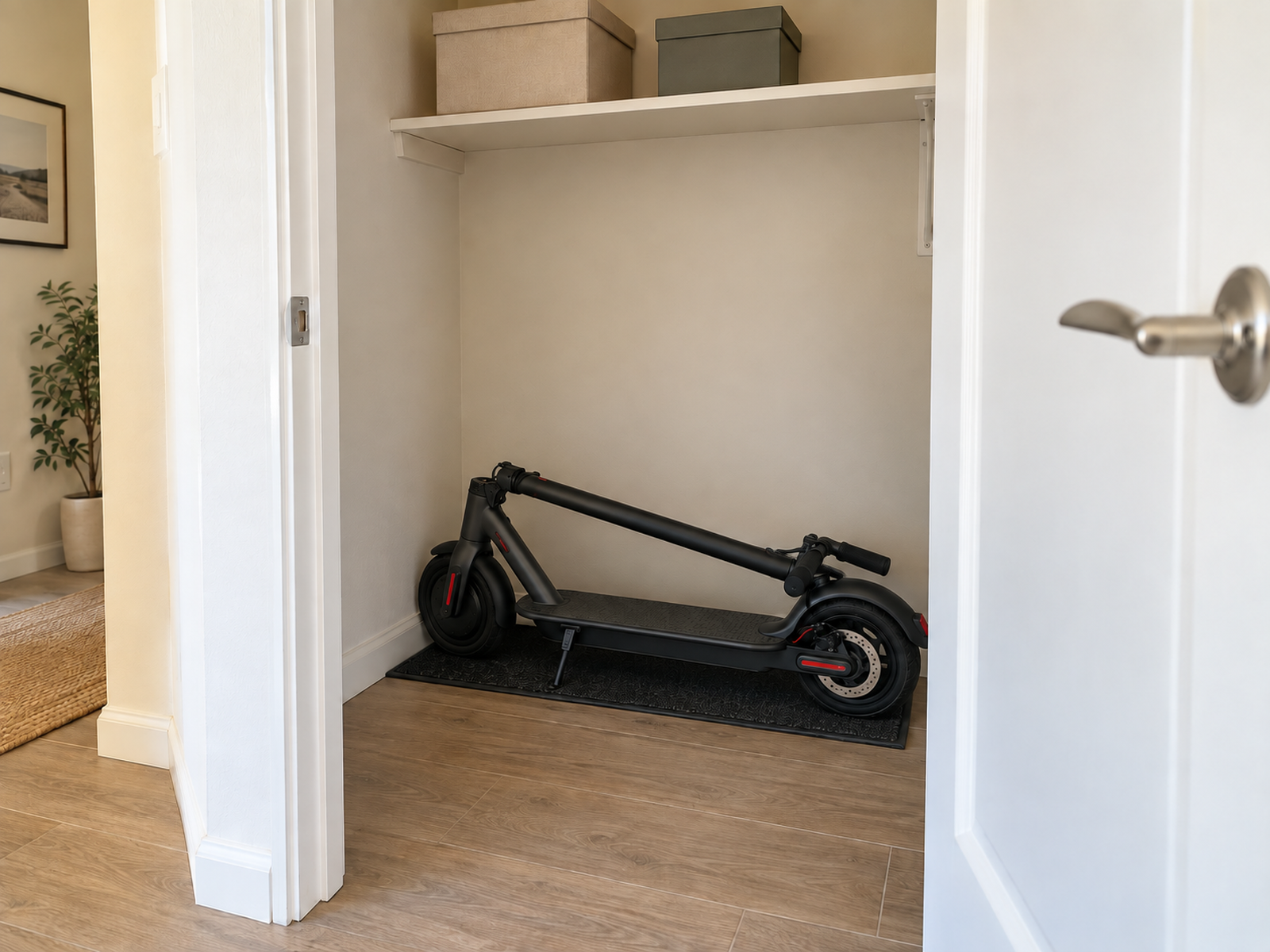 A clean folded electric scooter rests on a mat in a dry secondary storage nook with open inspection and retrieval space and no charger connected.