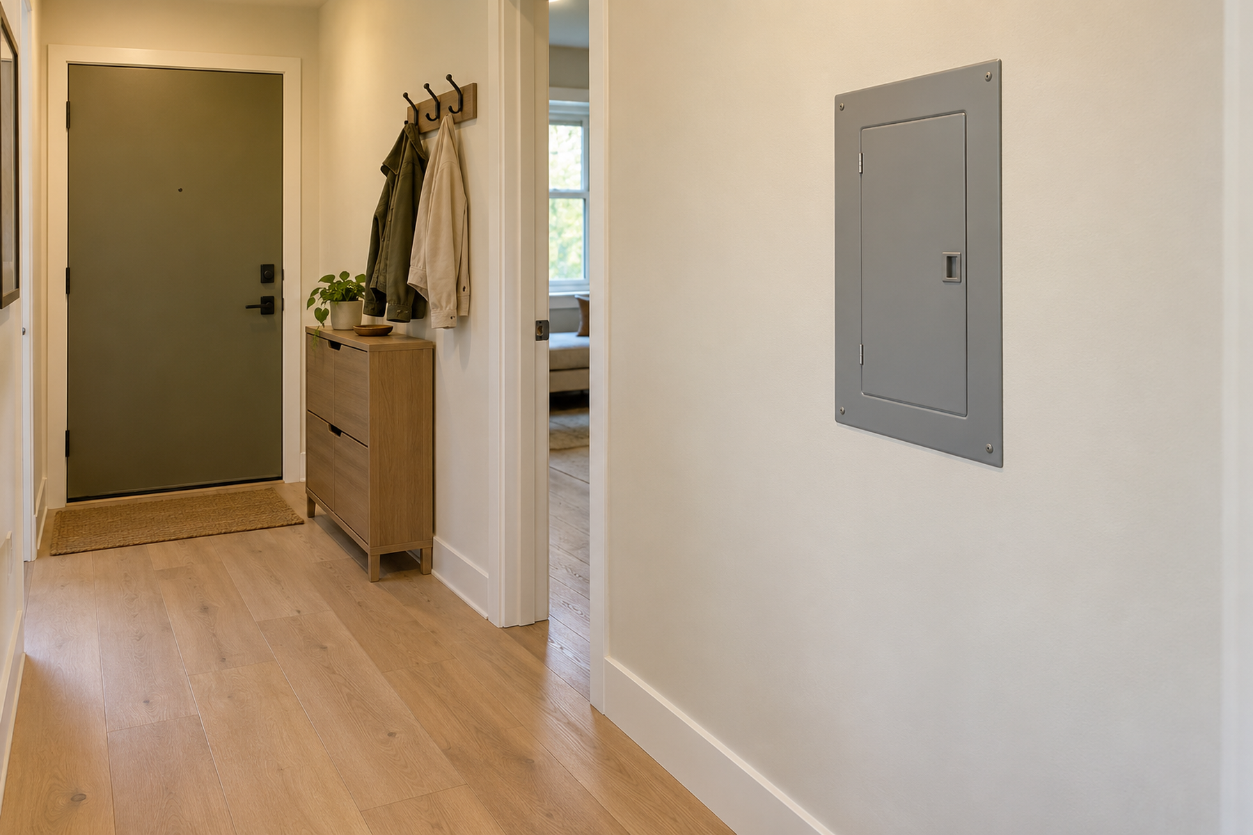 A small apartment electrical panel has clear floor space in front while storage sits on the adjacent wall instead of blocking access.