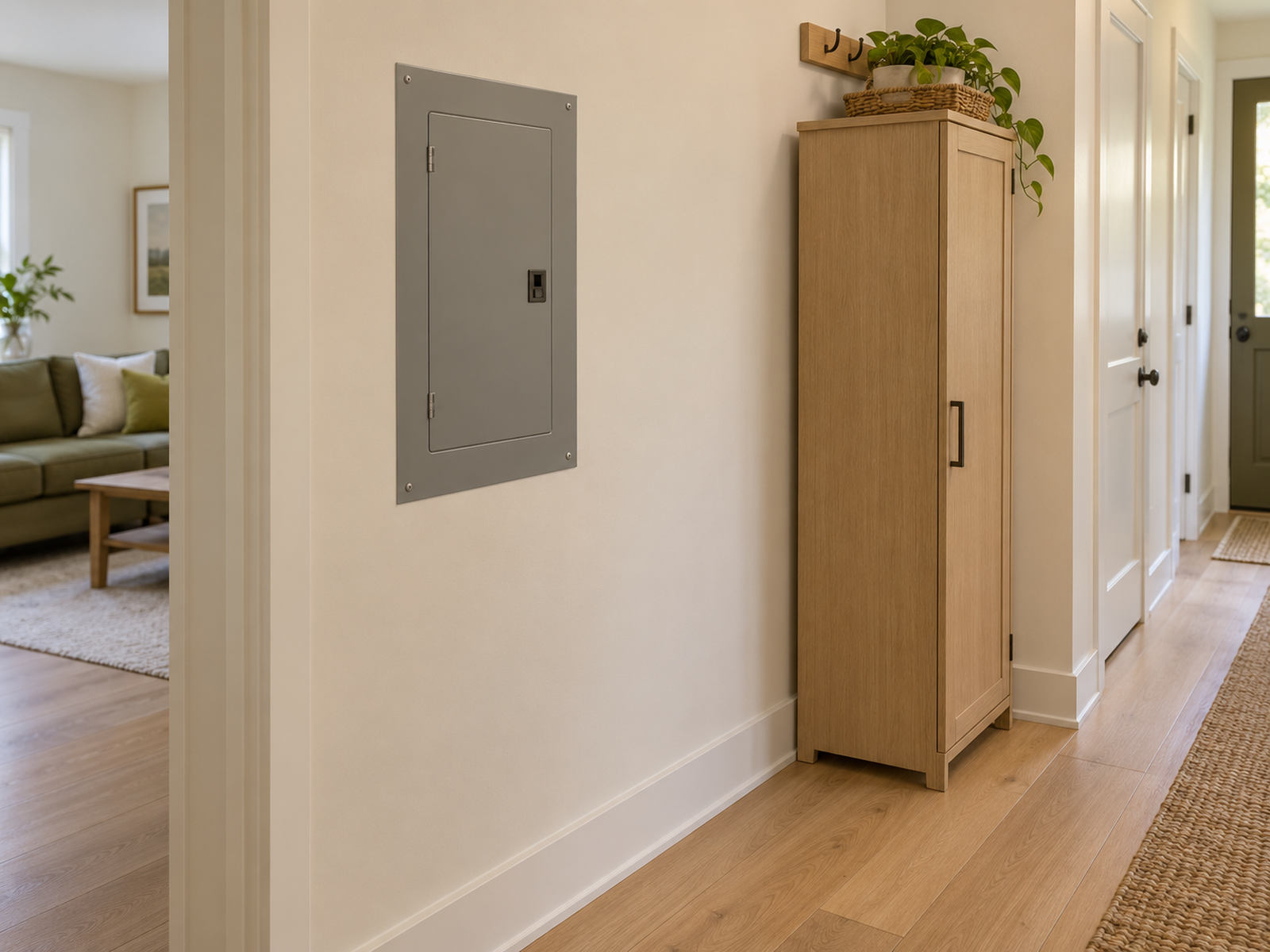 A narrow freestanding storage cabinet sits beside an electrical panel while the space directly in front remains clear.