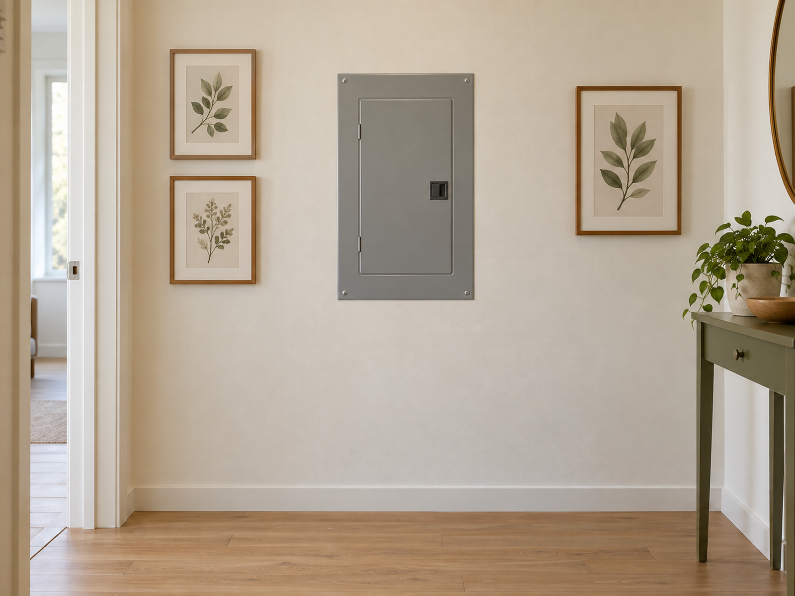 An exposed electrical panel is visually integrated with nearby wall art while its door and floor access remain clear.