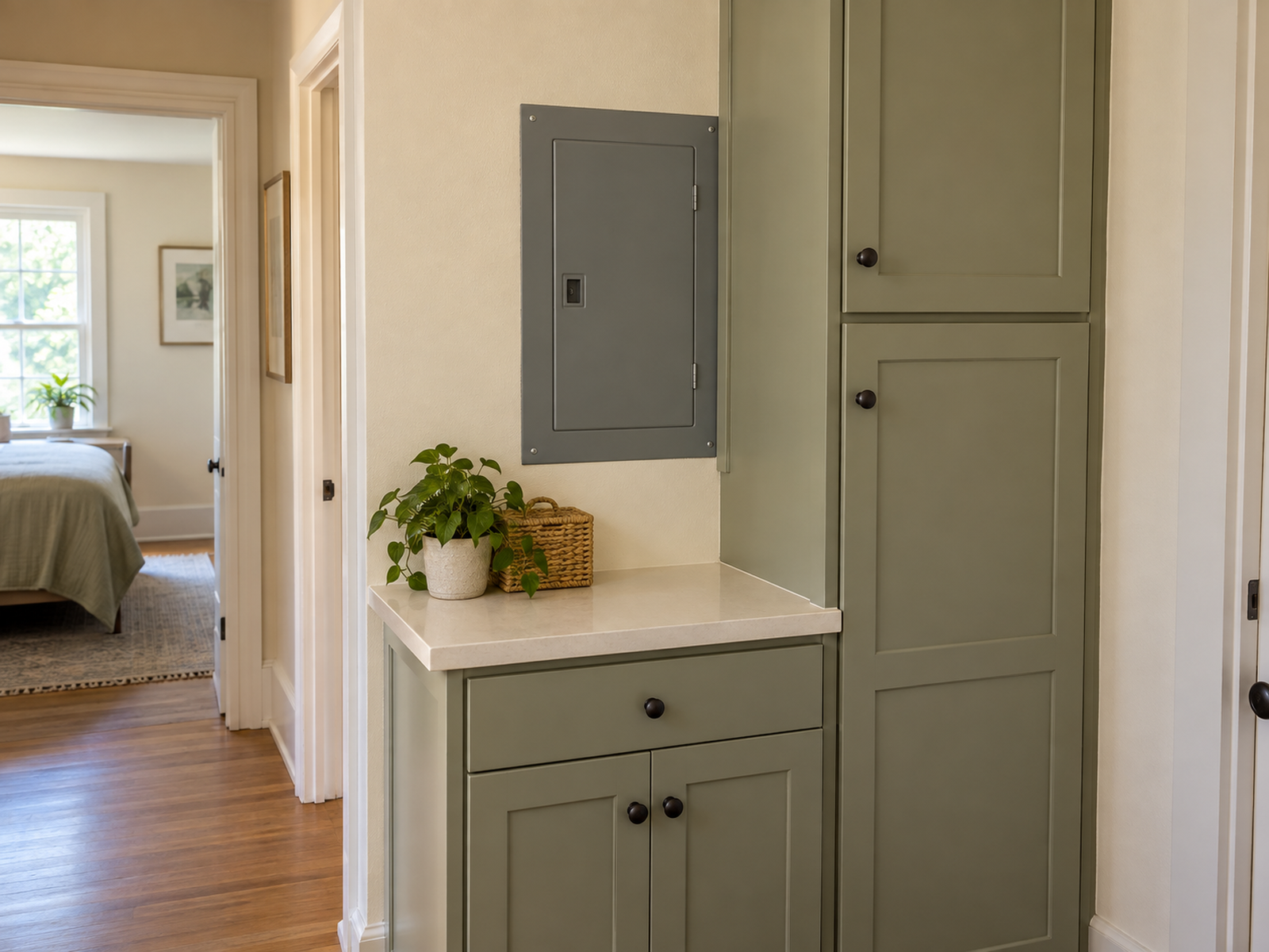 An electrical panel is partly obstructed by existing rental cabinetry, shown in full context for documentation rather than DIY alteration.