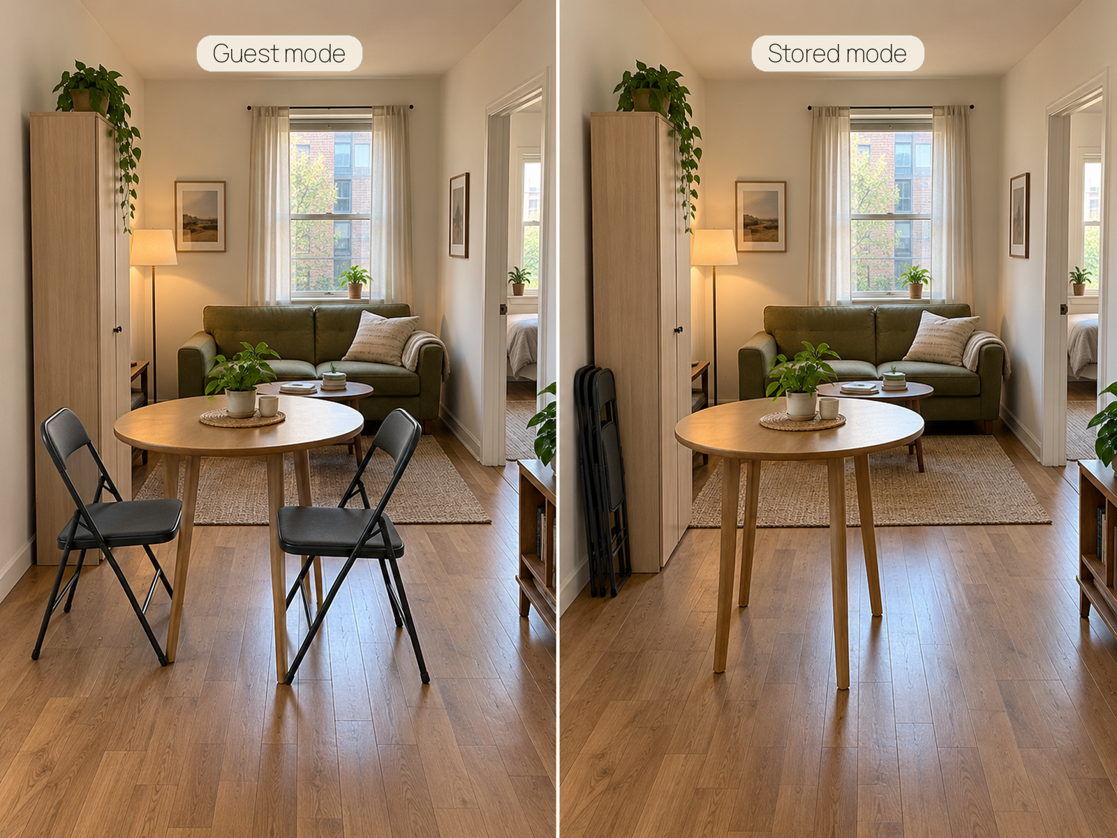 The same two folding chairs shown open around a table in guest mode and folded together beside a wardrobe in stored mode, opening the small apartment floor area.