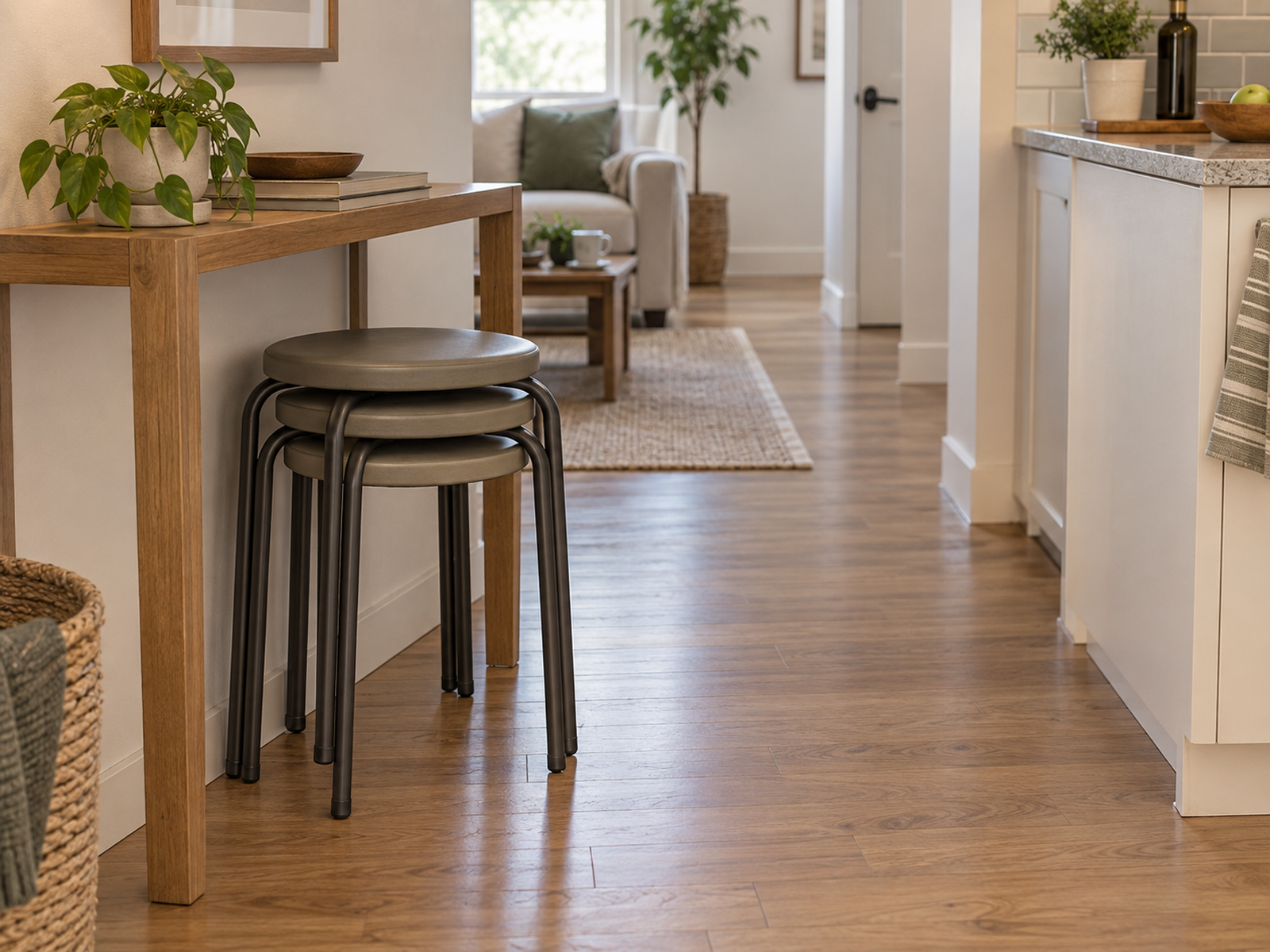 Three identical stackable guest stools nested into one compact floor footprint beside a console while the apartment walkway remains clear.