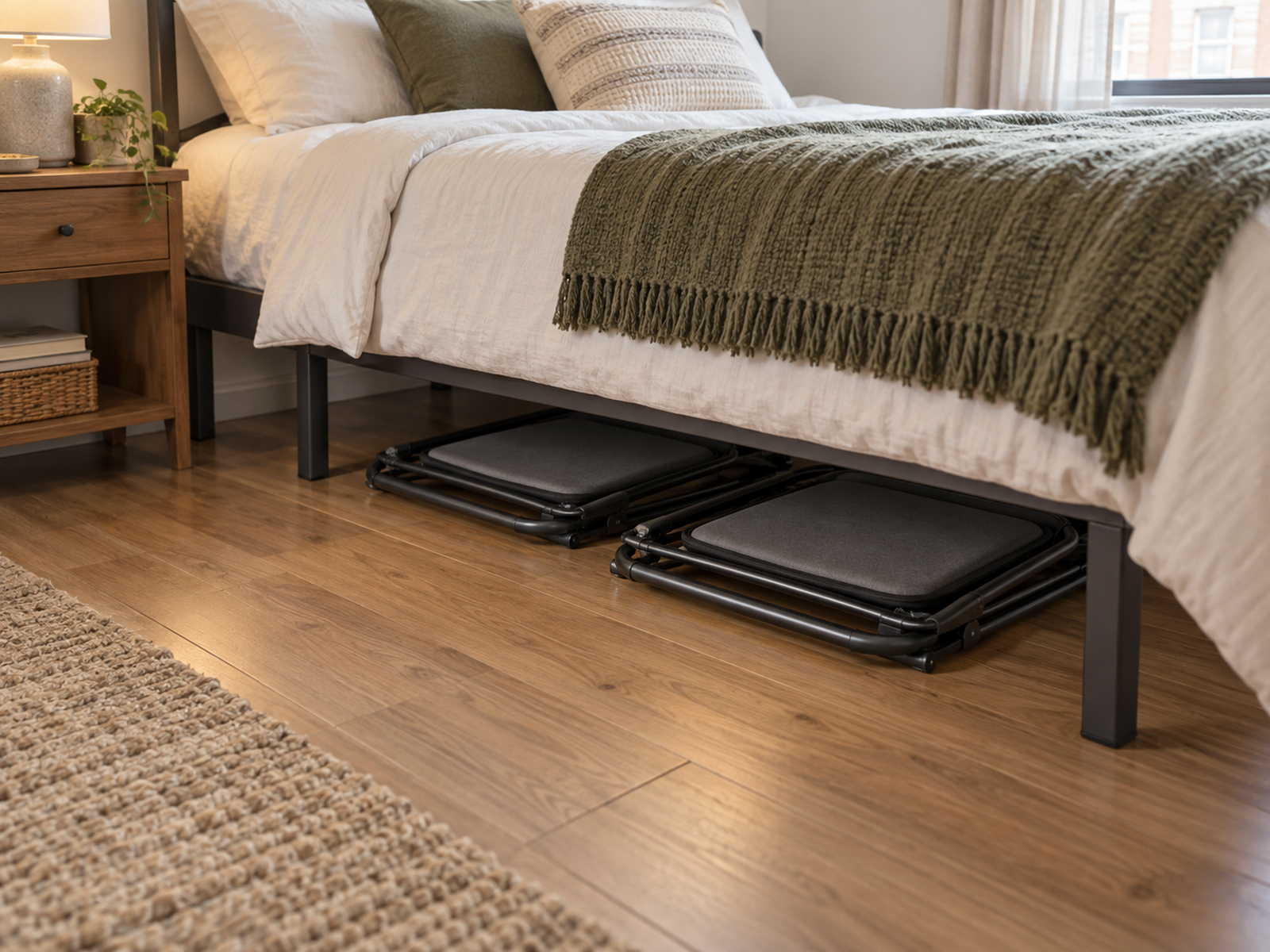 Two folded guest chairs stored horizontally under a raised bed with visible frame clearance and an open floor path for pulling them out.