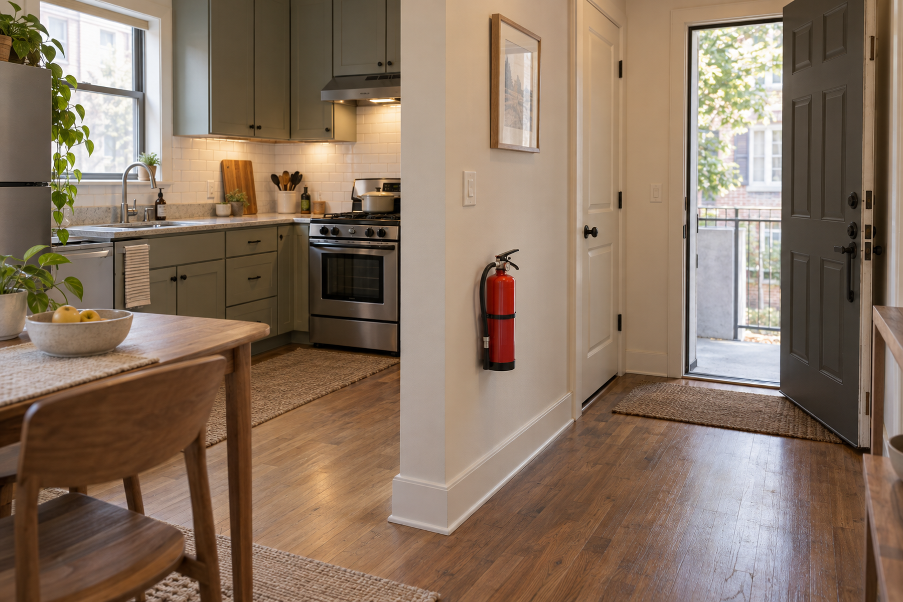 A fire extinguisher mounted visibly on an exit-side wall between a compact apartment kitchen and the open entry door, away from the stove and clear of the walking path.