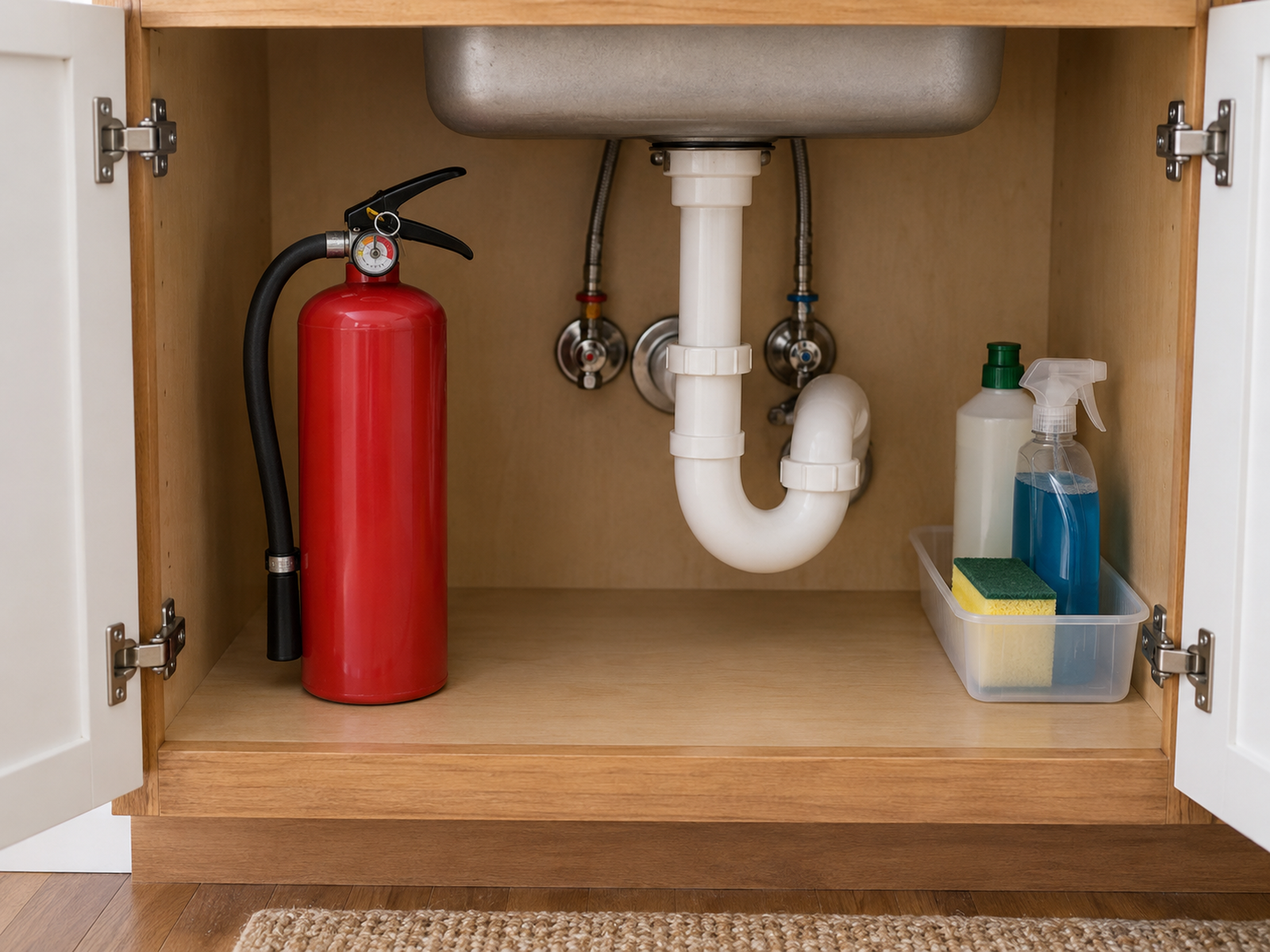 A fire extinguisher immediately visible at the front of an open under-sink cabinet, with a clear handle and lift path and cleaning supplies contained separately at the side.
