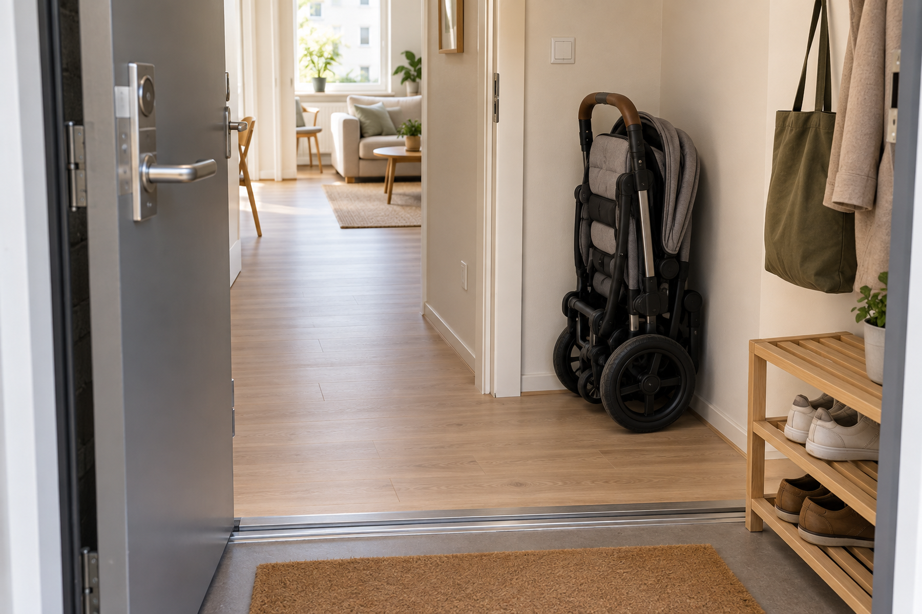 A full-size stroller stands folded inside a compact apartment beside the entrance while the open front door, threshold, and main walking path remain clear.