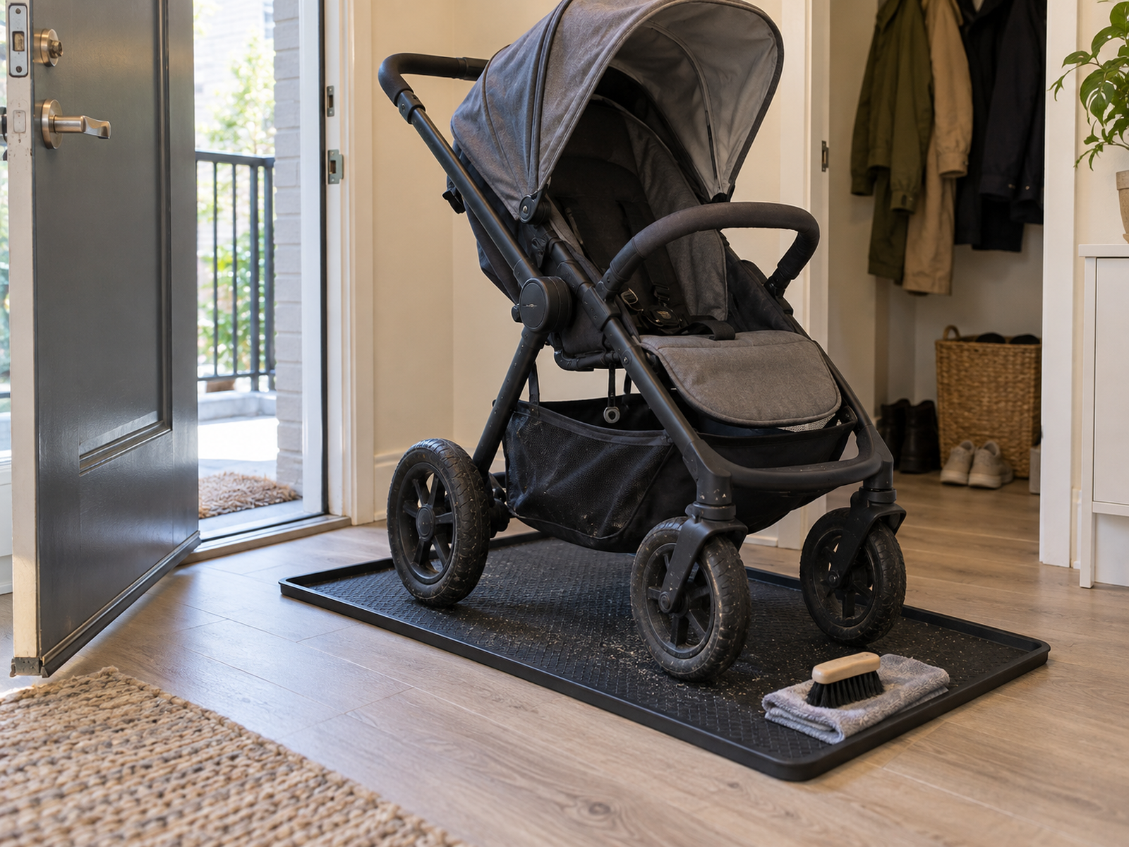A full-size stroller pauses on a portable washable tray just inside a small apartment, with a brush and cloth ready to reset gritty wheels before storage.