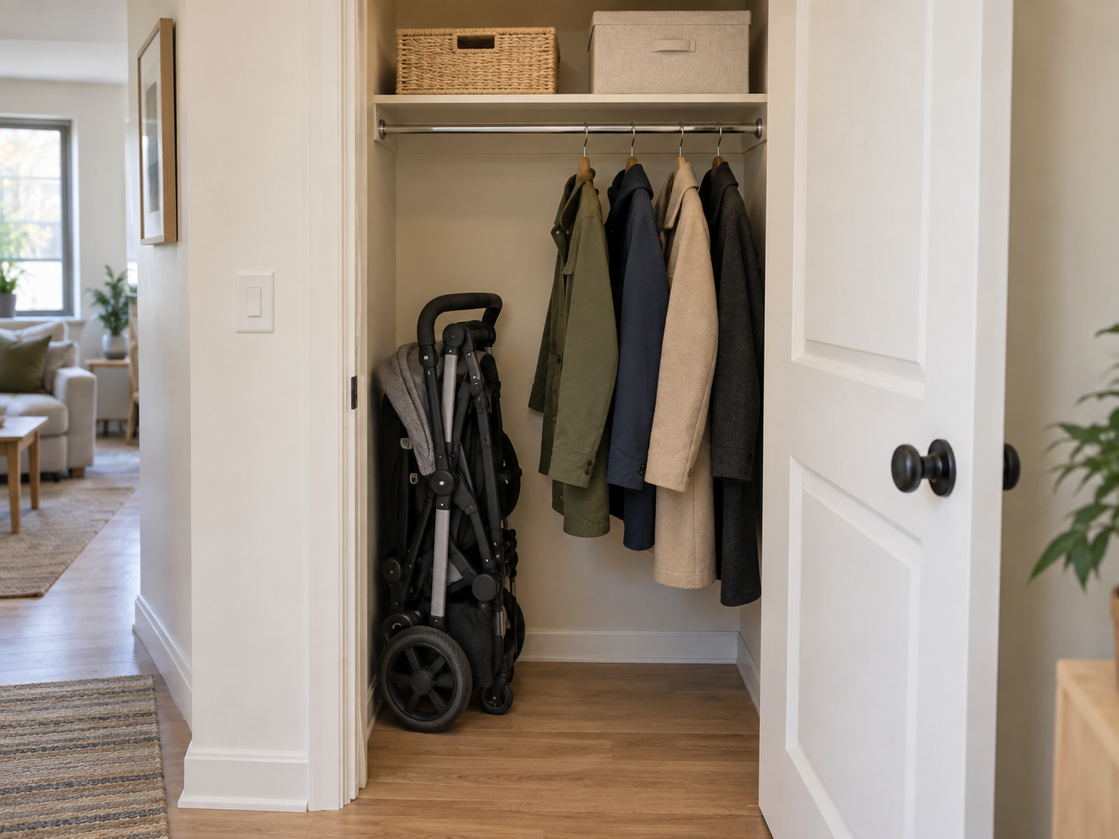 A clean folded full-size stroller stands at one side of a compact coat closet with an accessible handle, open retrieval path, hanging coats, and shelf storage still usable.