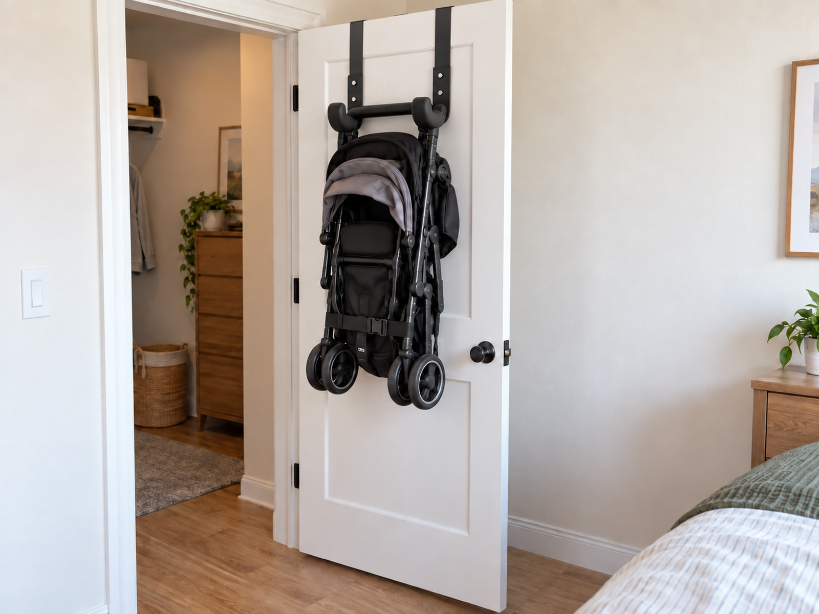 A compatible folded stroller hangs from removable over-door hardware on a partly open private interior door with the knob, latch, wall gap, and floor clearance preserved.