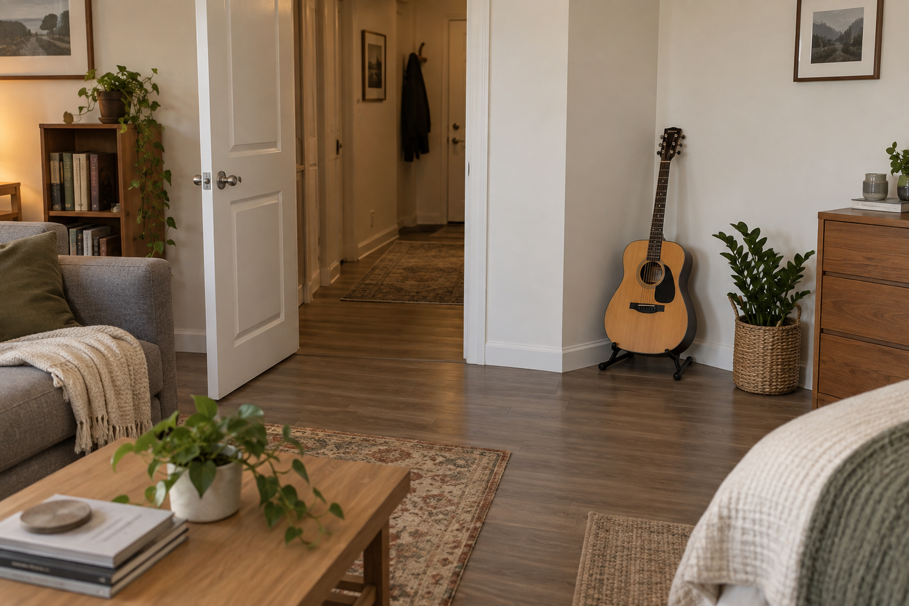 Acoustic guitar on a compact floor stand beside a clear walkway in a small apartment living room.