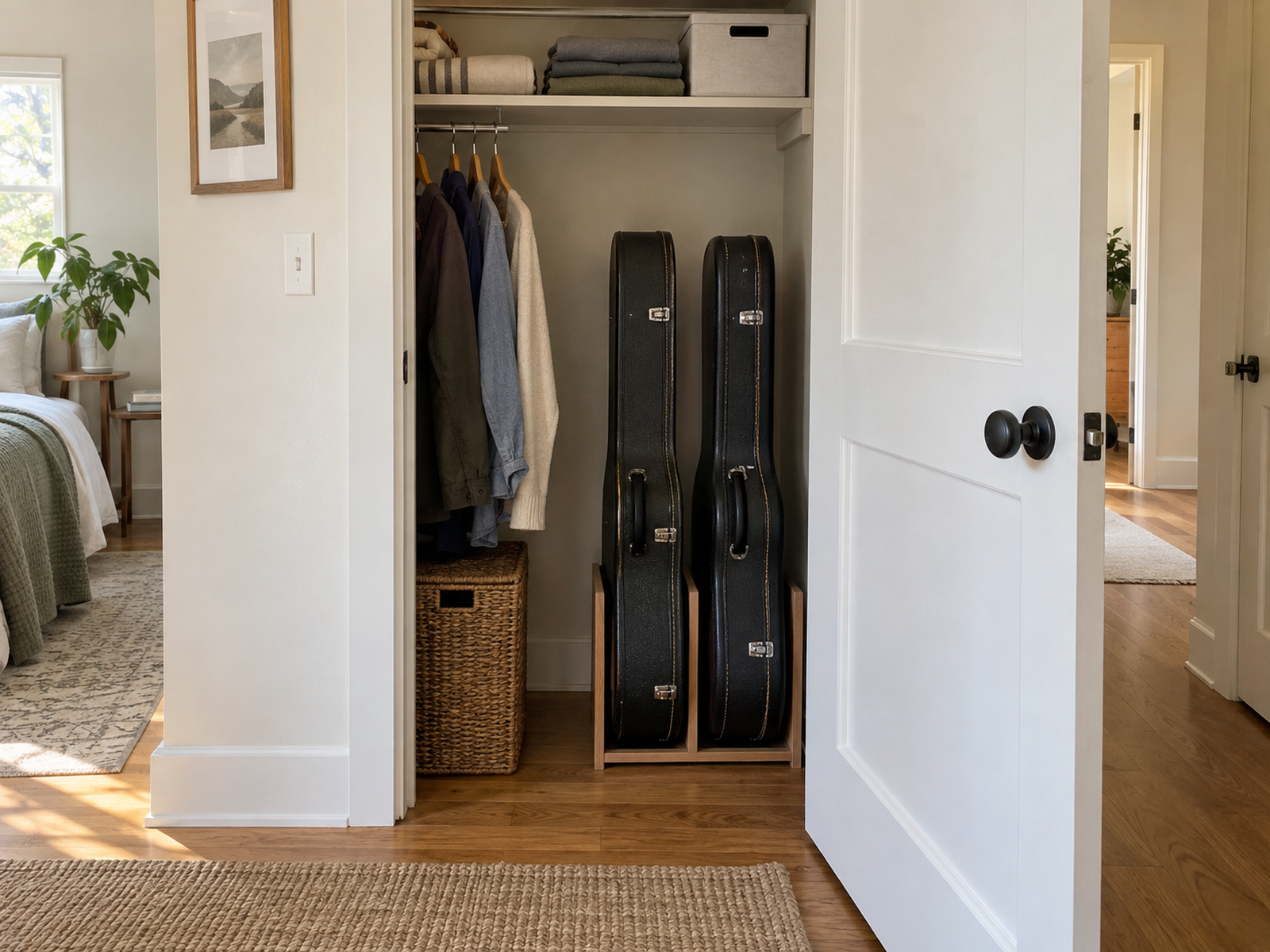Two hard guitar cases stored upright in a freestanding divider inside a compact apartment closet.