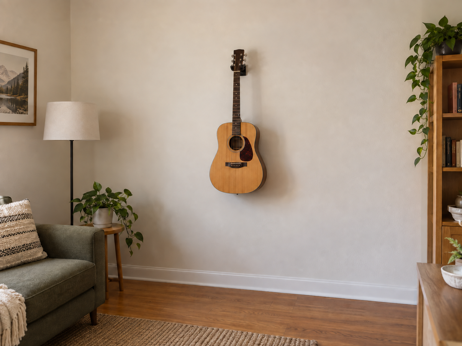 Acoustic guitar on a purpose-built wall hanger with clear floor space and room to lift it off.