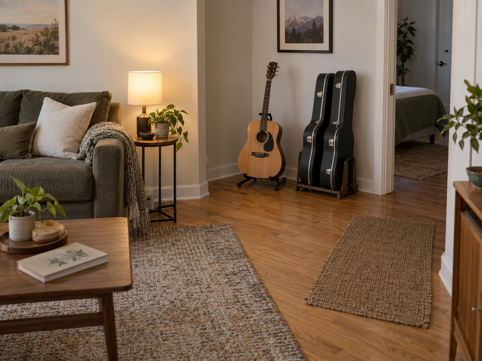 One guitar on a floor stand and two upright cases form a compact storage zone in a small living room.