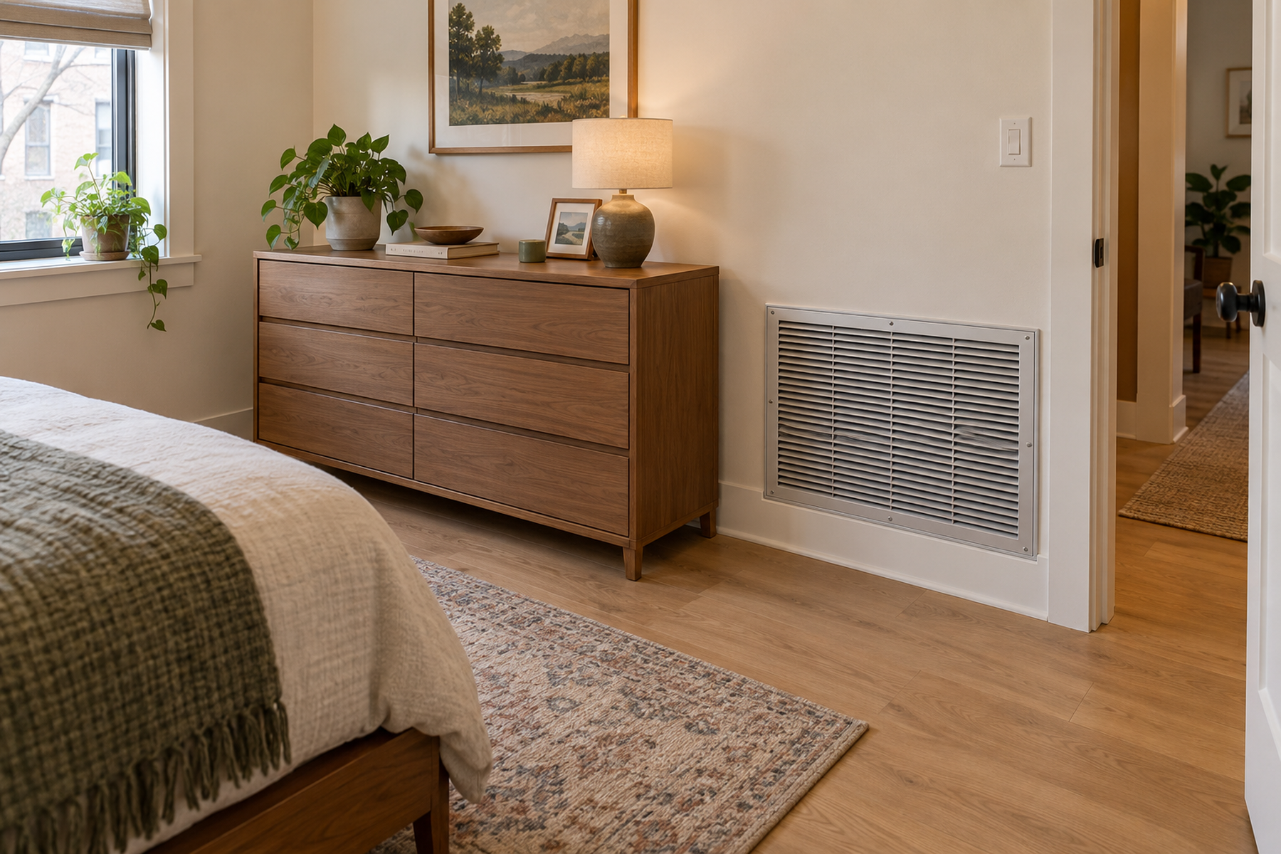 A compact apartment bedroom wall with a large low HVAC return grille kept fully clear beside a dresser, showing how the grille reduces usable furniture space.