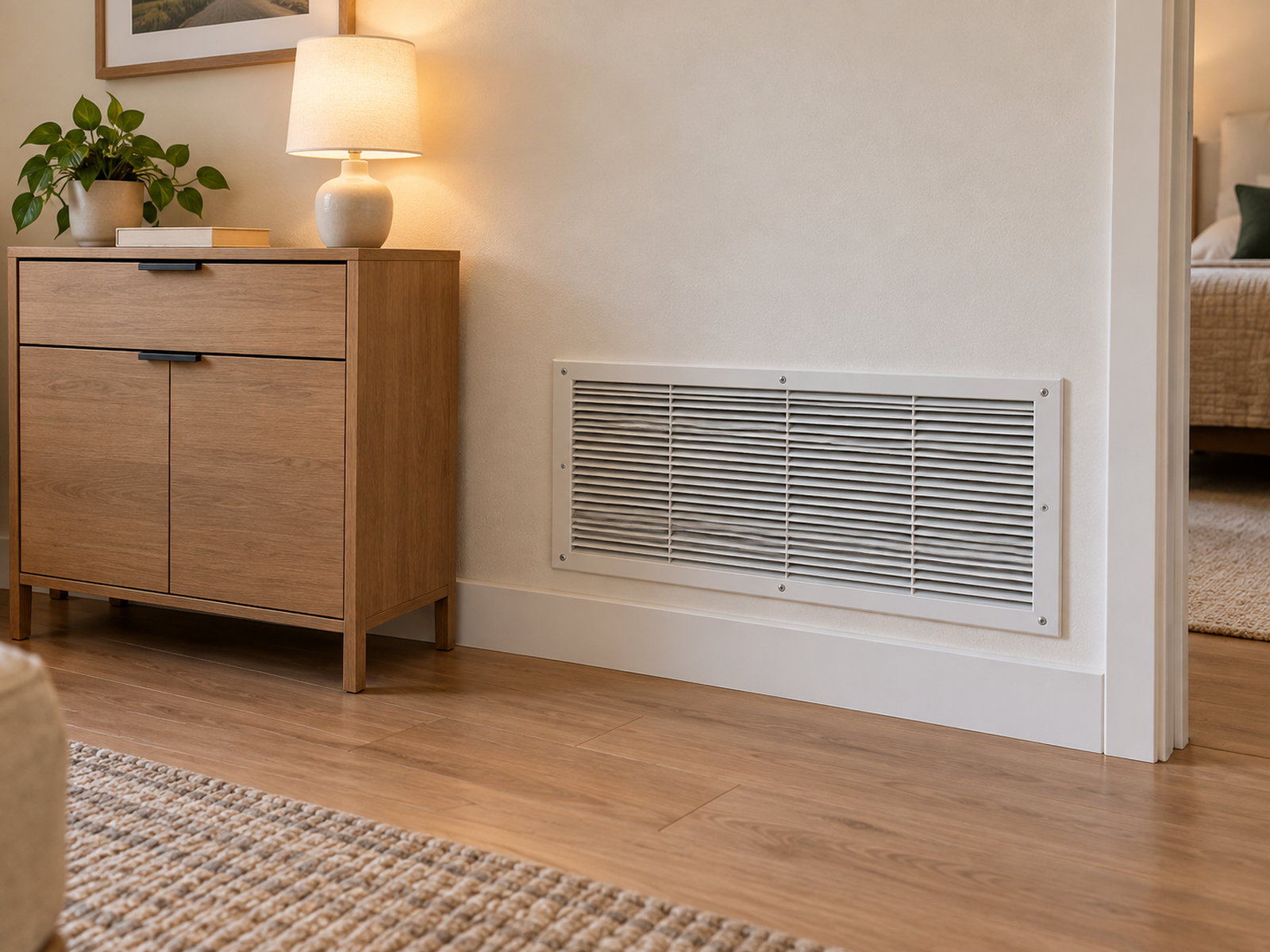 Shallow closed-front furniture sits beside a fully unobstructed low HVAC return grille with a clear wall gap and open floor access.