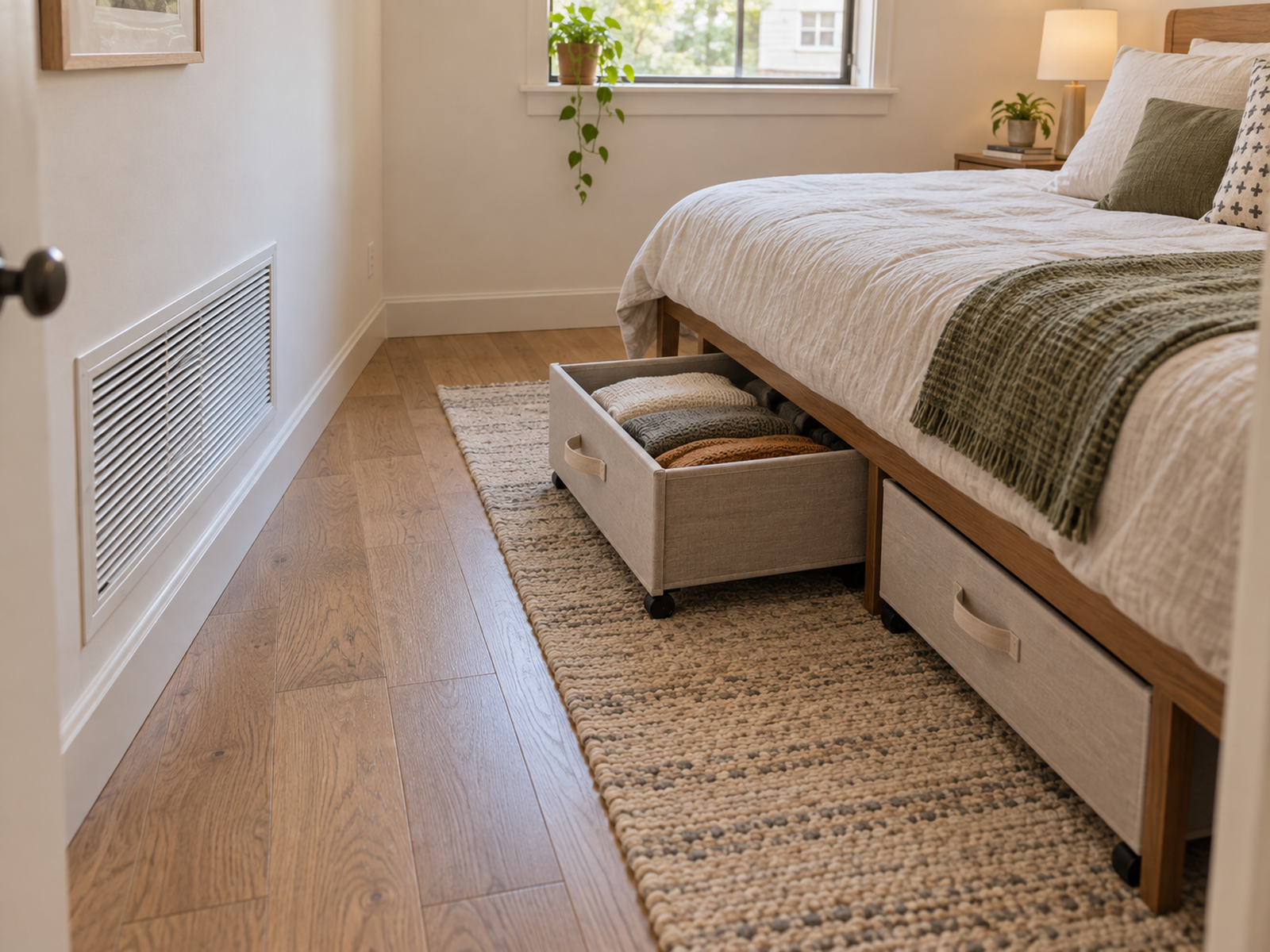 A compact bedroom keeps the low HVAC return wall clear while folded linens are stored in accessible matching rolling drawers under the bed.