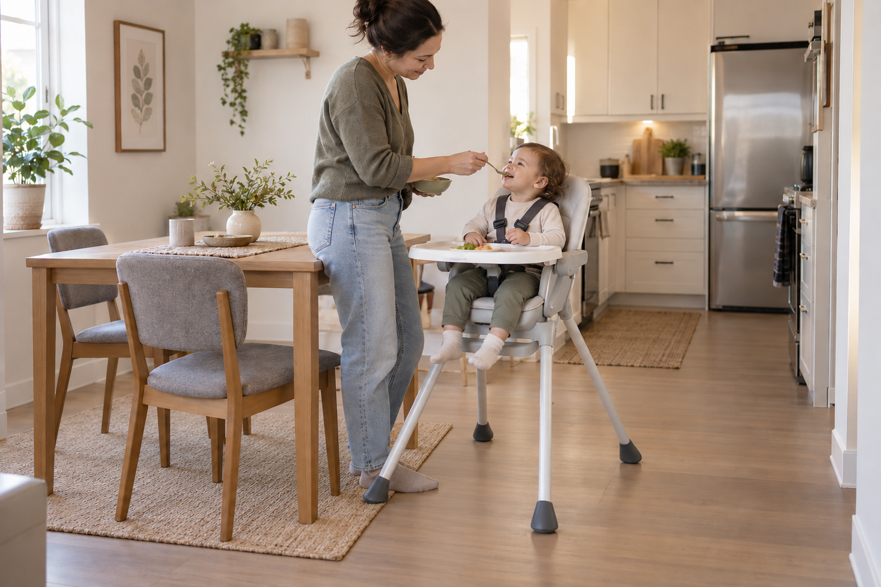 A secured toddler in a freestanding high chair beside a small dining table with the full leg spread visible and a clear kitchen walkway.