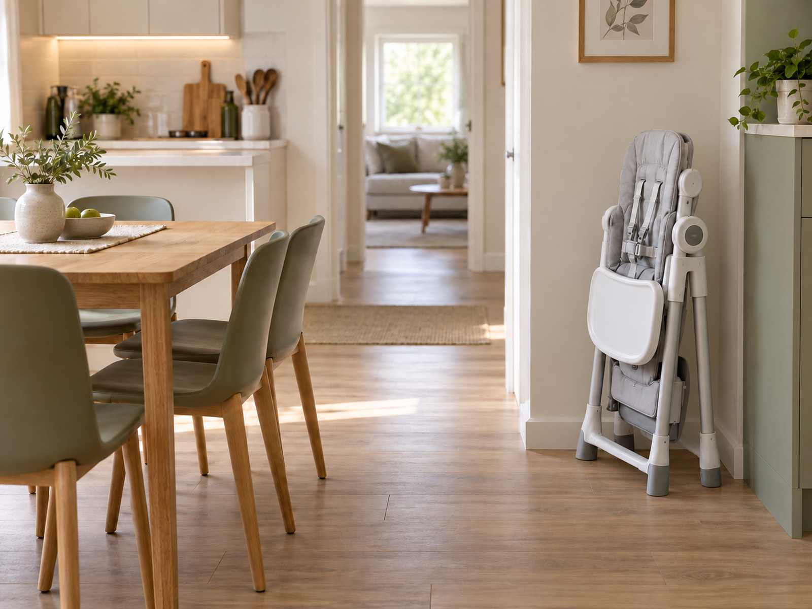 A folded self-standing high chair with its tray stored on the chair beside a wall, leaving the apartment dining path clear.