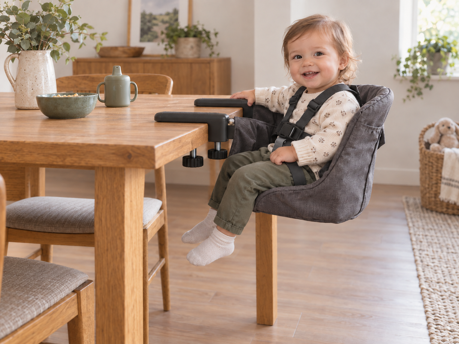 A restrained toddler in a hook-on feeding chair clamped to a solid four-leg dining table with open floor below.