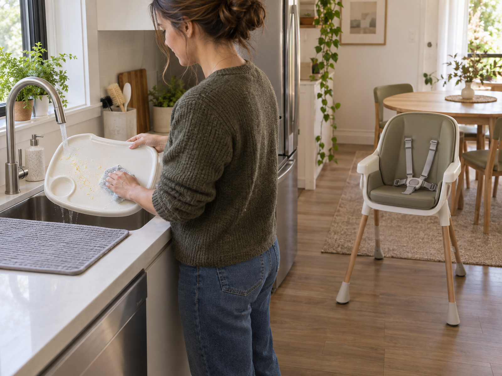 A high-chair tray being cleaned at the sink while the empty chair remains stable nearby with its harness installed.