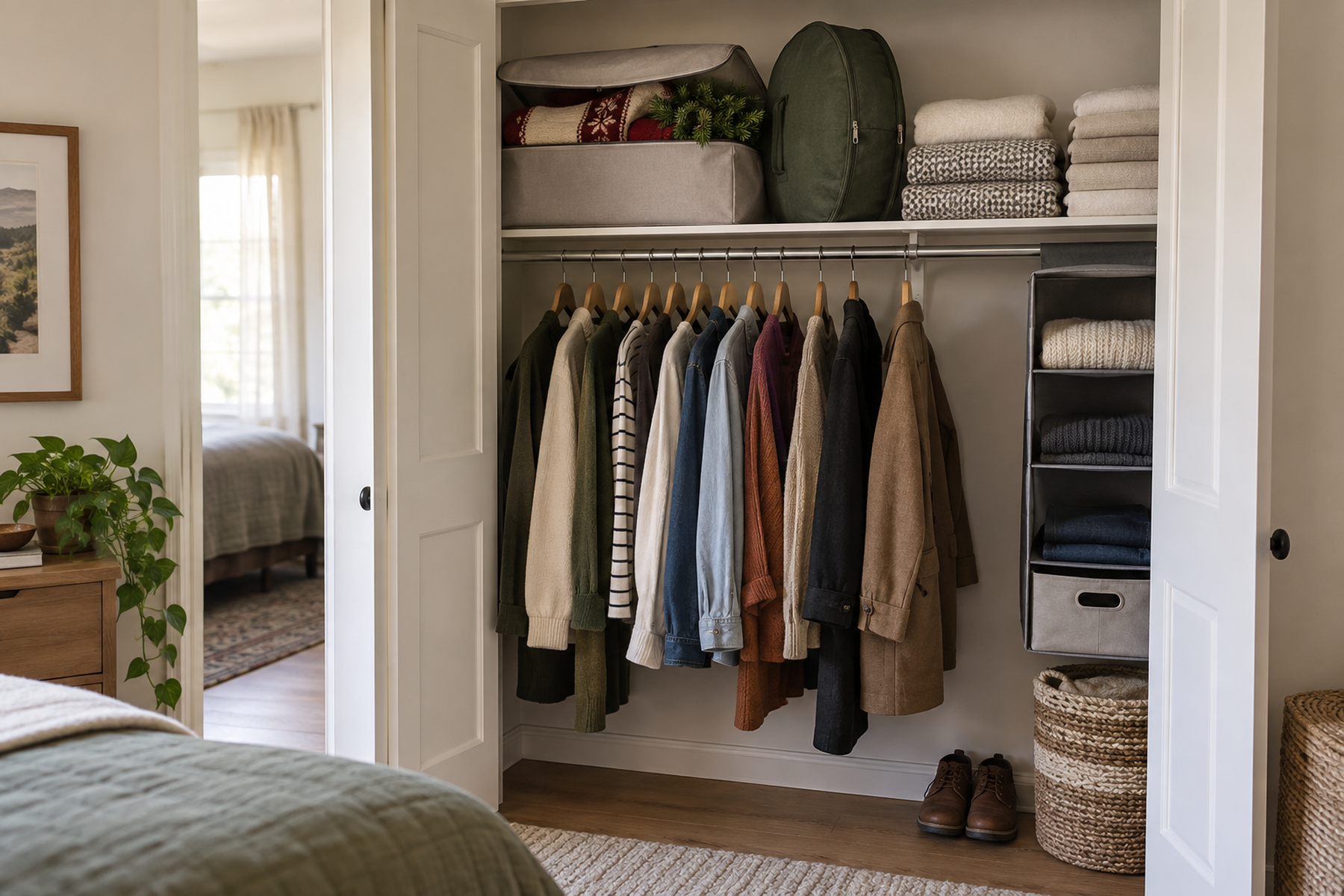 Two lightweight holiday-storage containers share one bounded upper-shelf zone in a small apartment closet while everyday clothes and linens remain accessible.
