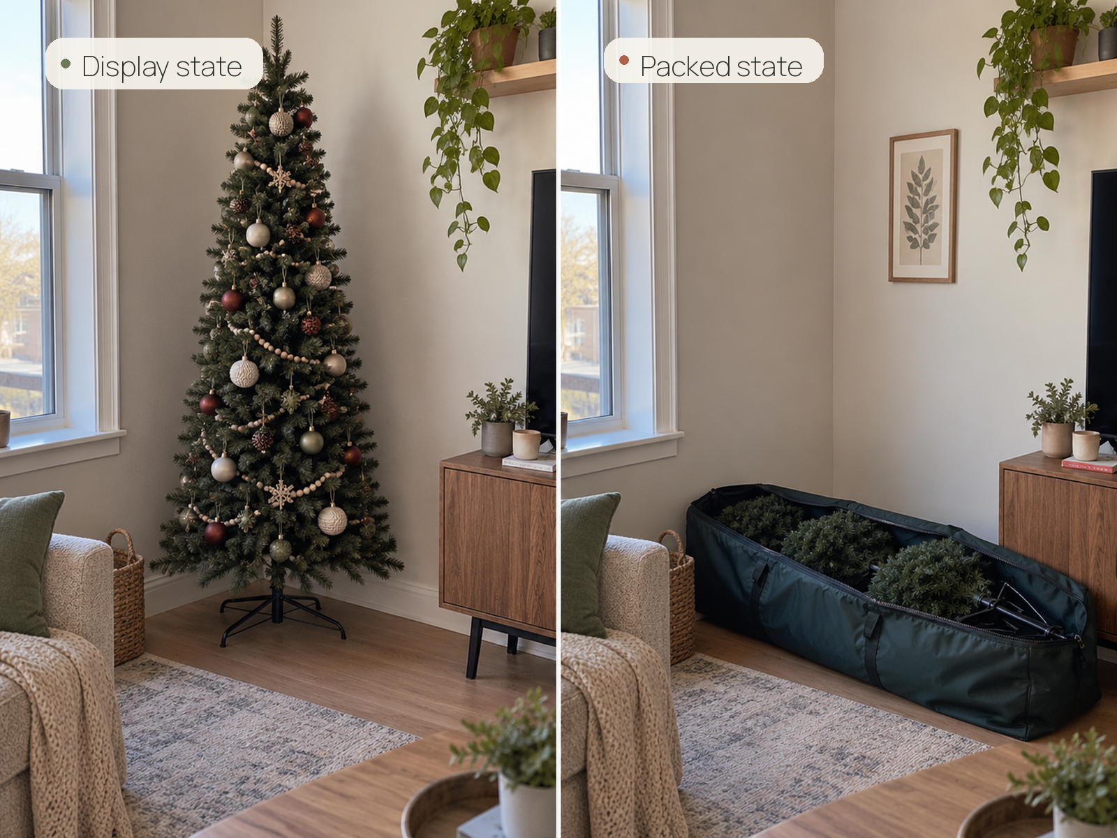 The same slim artificial tree stands assembled in a small living room and lies in long protected sections inside an off-season storage bag.