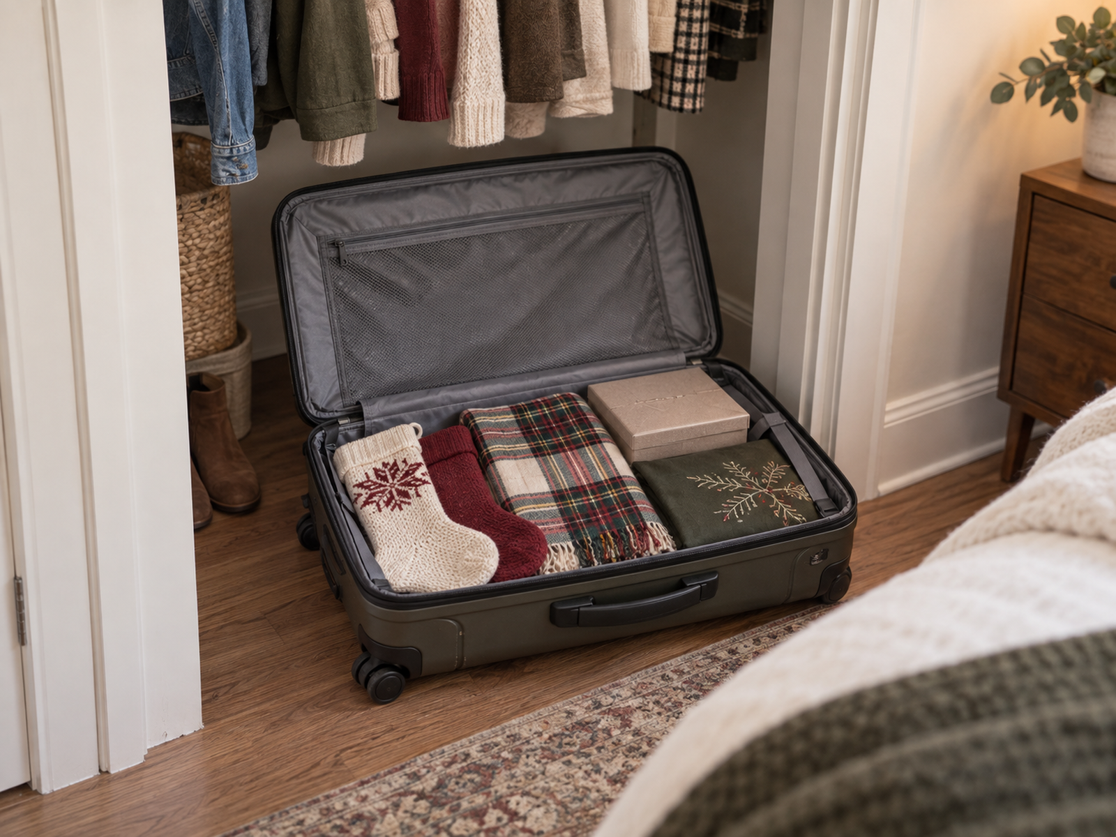 Folded stockings, a runner, pillow covers, and one small protective box use the interior of a suitcase already stored in a small apartment closet.