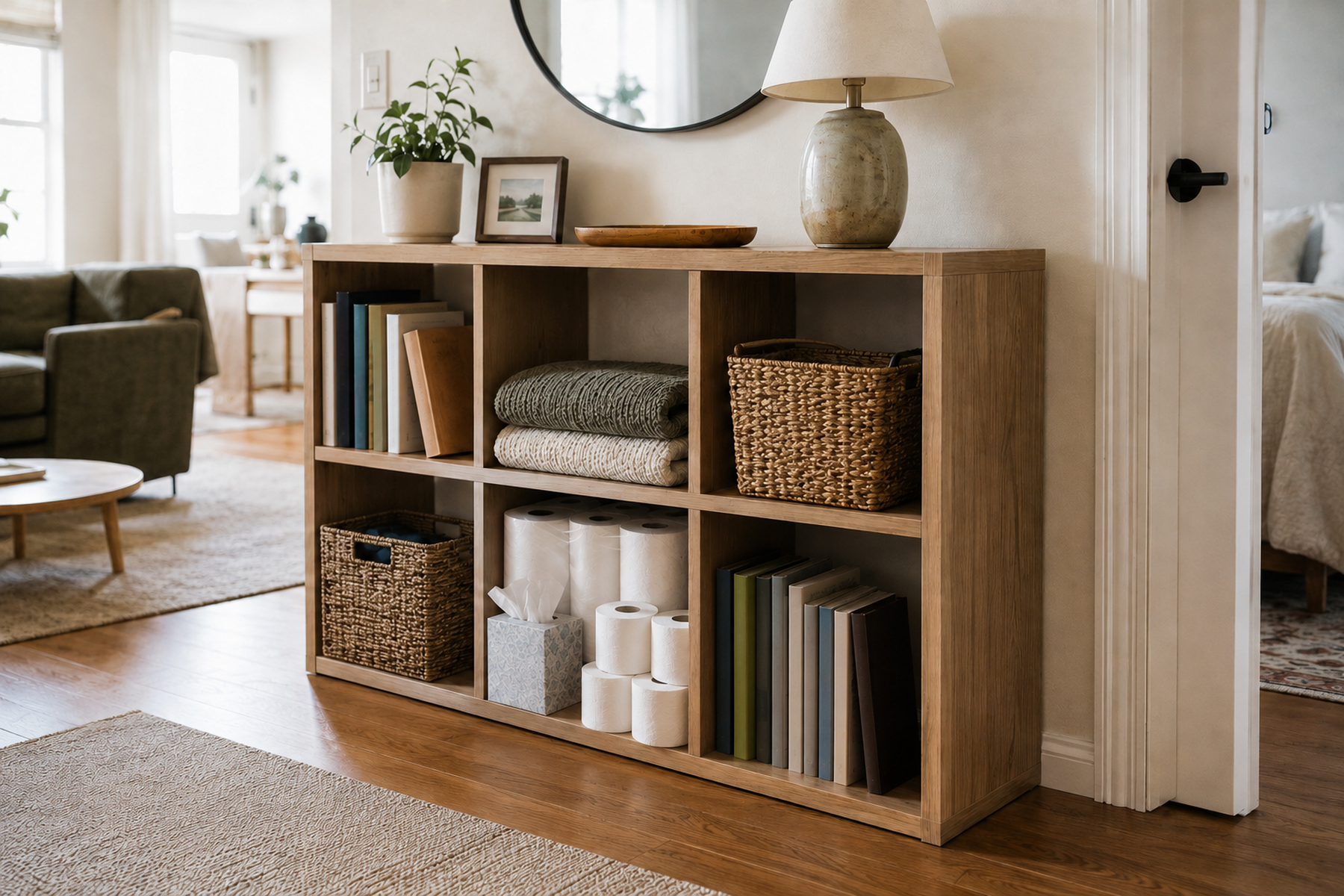 One lower cubby in a compact apartment shelving unit holds paper-goods backstock while books, blankets, and baskets keep the surrounding storage usable.