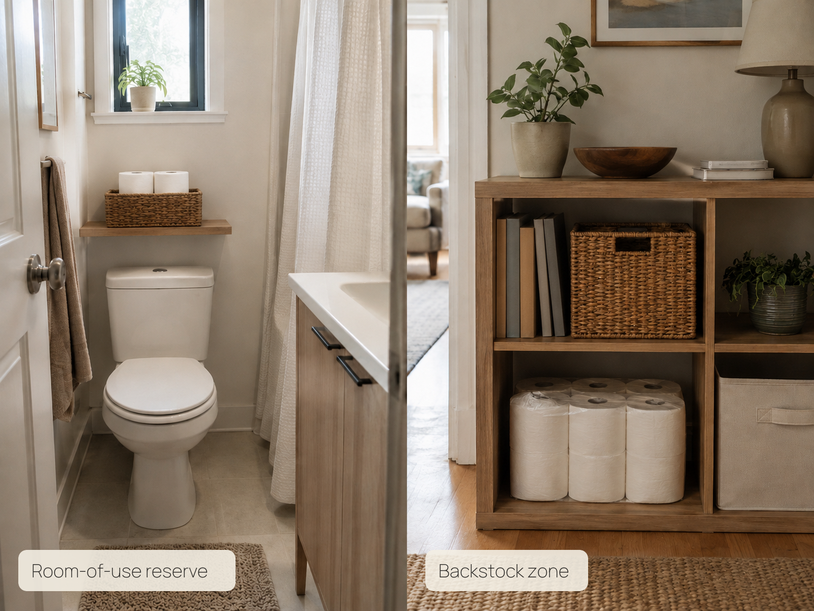 Side-by-side view of two toilet paper rolls near a small bathroom and a sealed multipack in a separate apartment backstock shelf.