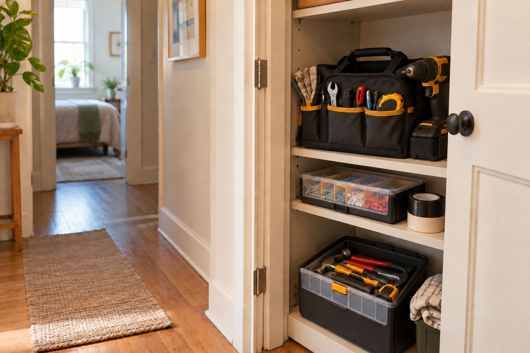 Open hallway closet in a compact apartment holds a portable tool bag, divided hardware case, drill, and shallow tool case while keeping the hallway clear.