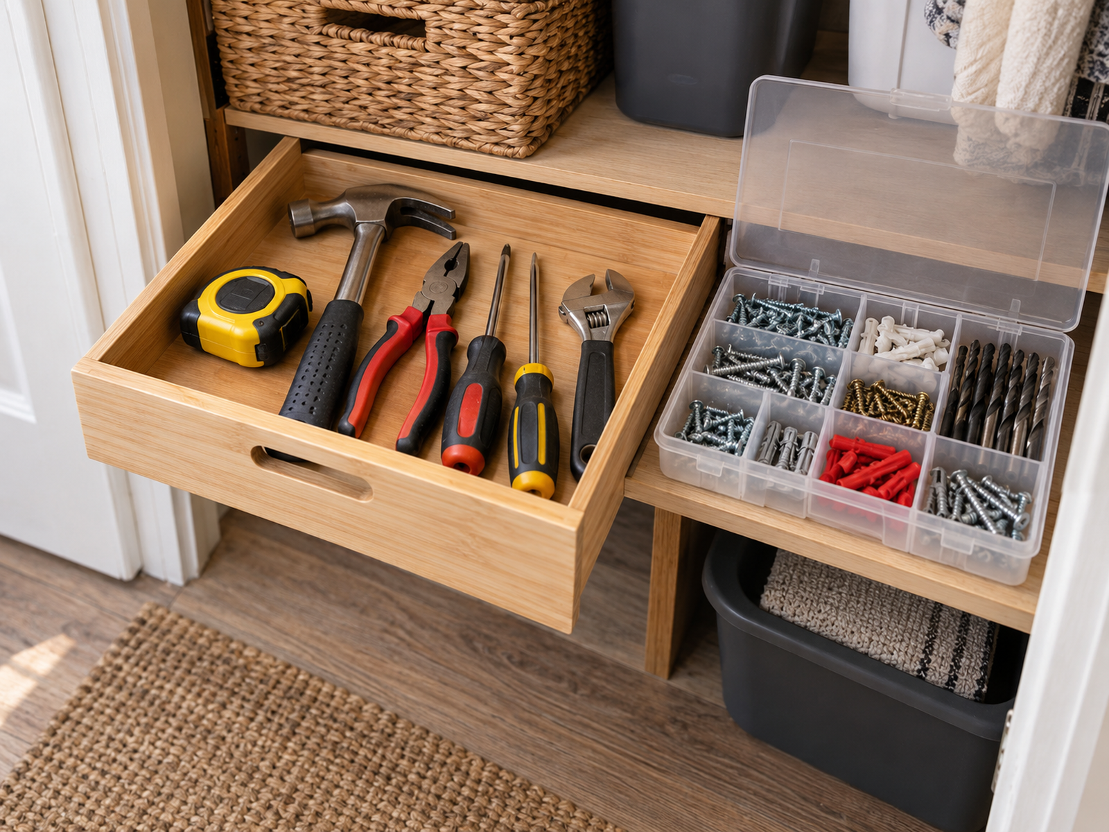 Open shallow drawer of hand tools beside a divided organizer of screws, anchors, and drill bits in a compact apartment storage nook.