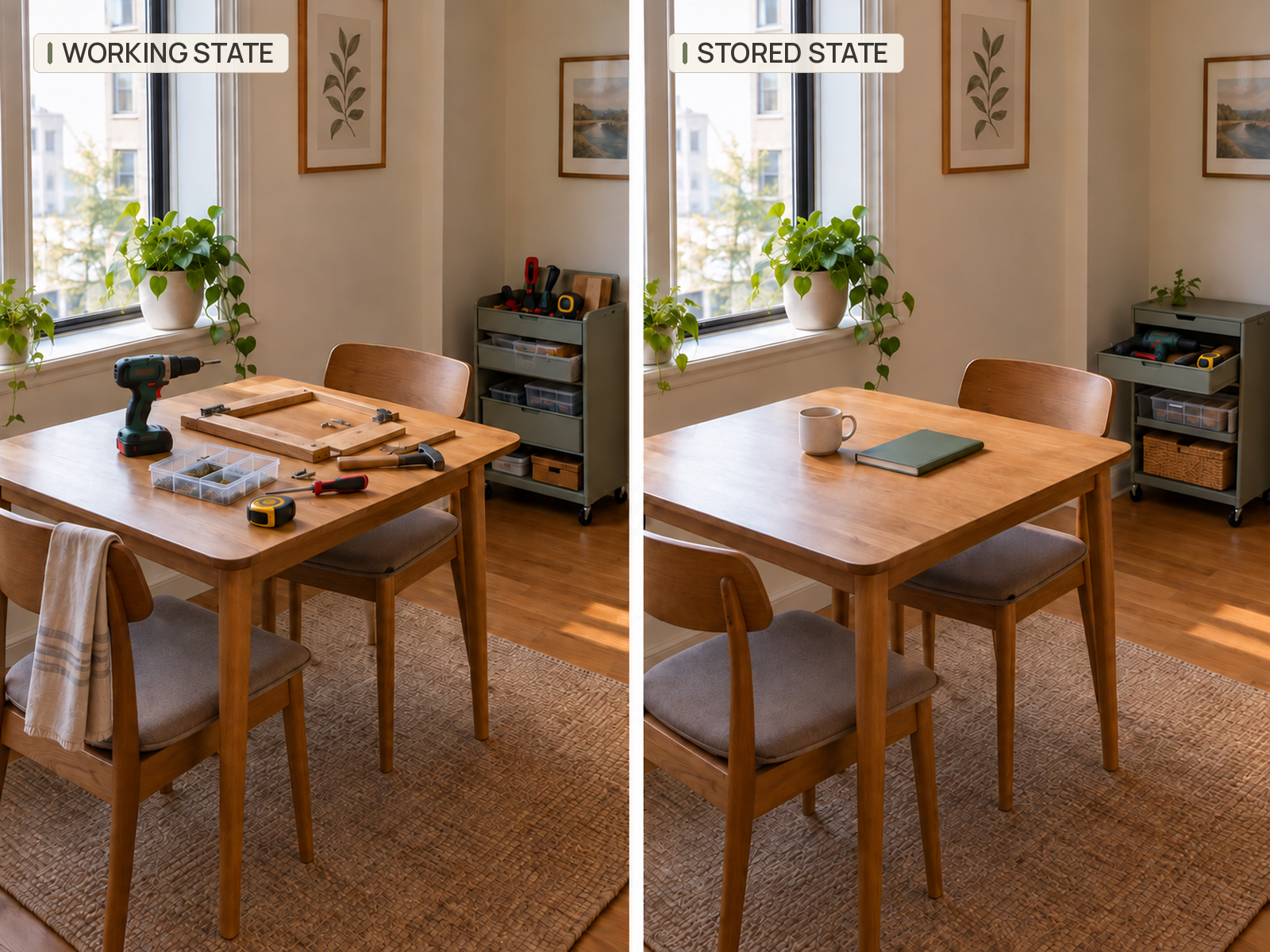 Matched views of a compact dining area show tools deployed neatly for a small repair, then returned to a nearby storage cart with the table cleared.