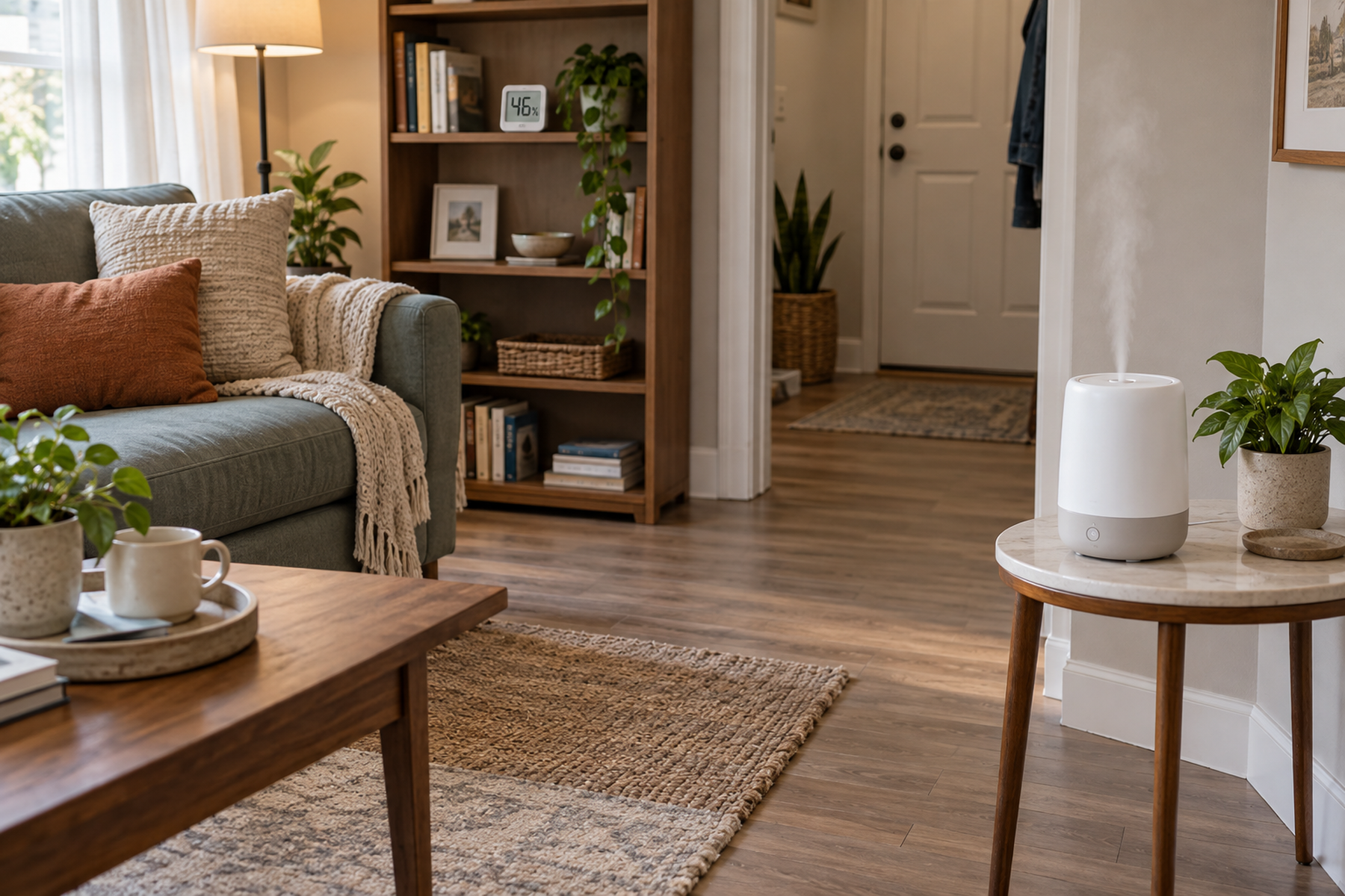 A compact humidifier on a protected side table in a small living room, with a separate hygrometer and an open mist path.