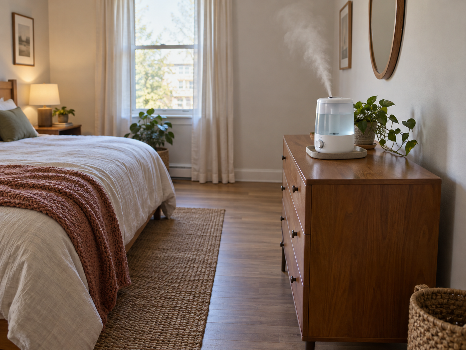 A tabletop humidifier on a protected bedroom dresser with open space between the unit, bed, wall, curtains, and electronics.