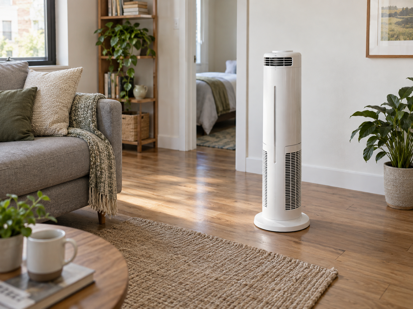 A slim floor humidifier in a narrow apartment floor zone with a stable base, clear circulation, and service access around the unit.