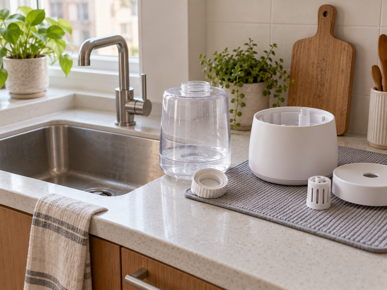 A removable humidifier tank, base, cap, and service part arranged beside a sink on a clean drying mat.