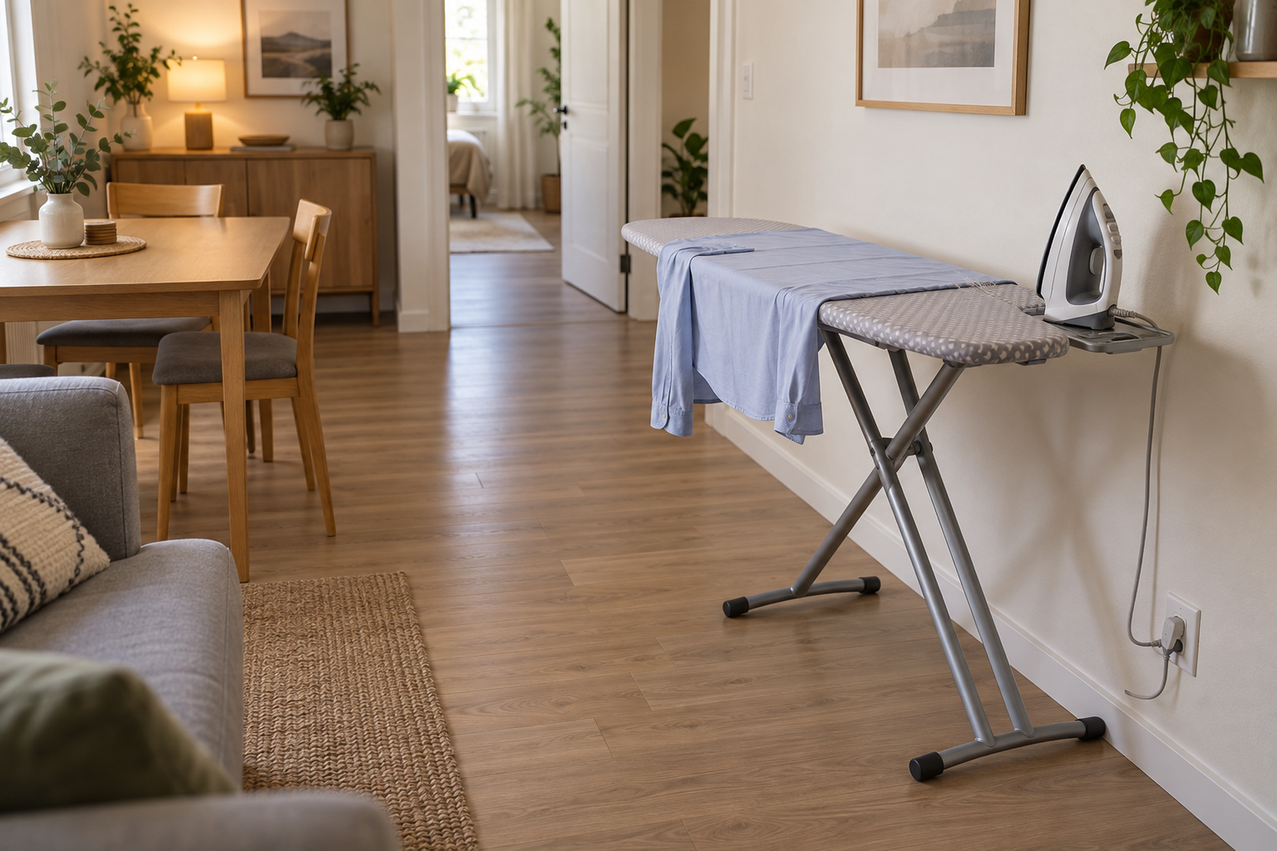 A full-size ironing board set parallel to a wall in a small living-dining room with a clear walking path to the doorway.