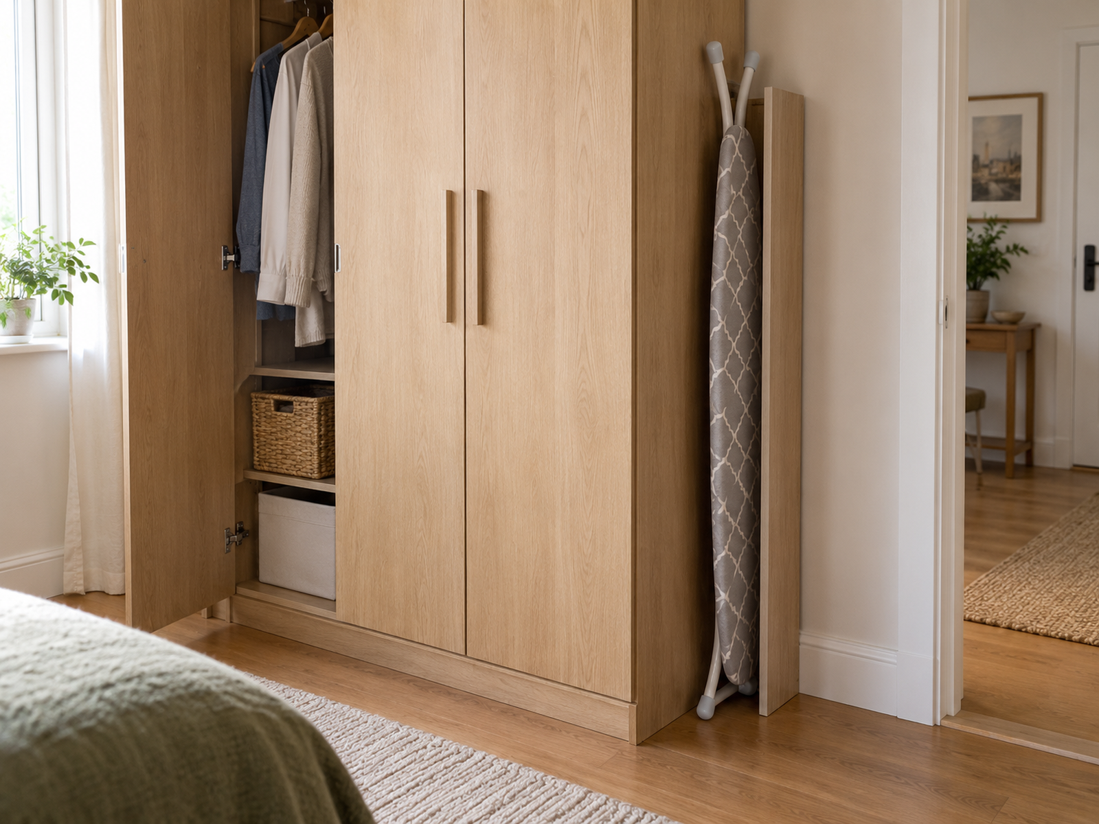 A full-size folded ironing board stored upright in a narrow freestanding slot beside a wardrobe with clear retrieval space in front.
