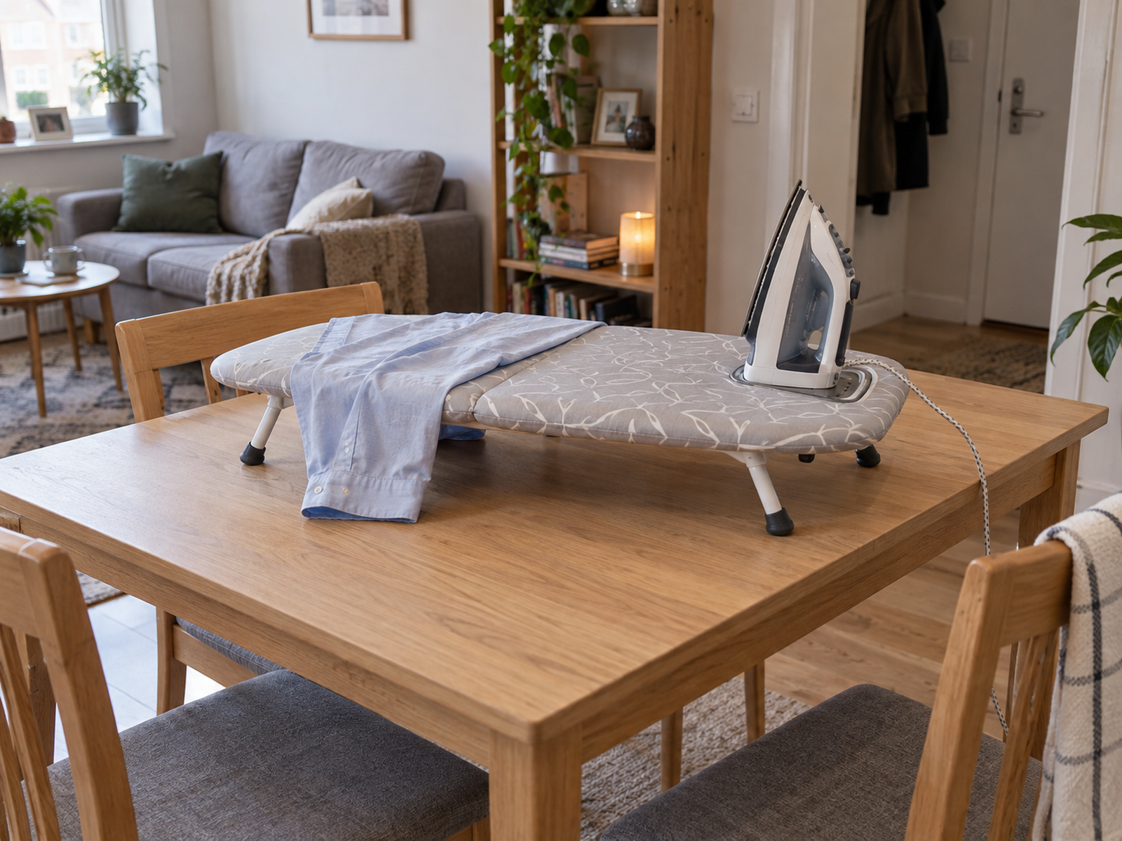 A compact tabletop ironing board set on a stable dining table in a small apartment, temporarily using part of the shared surface.