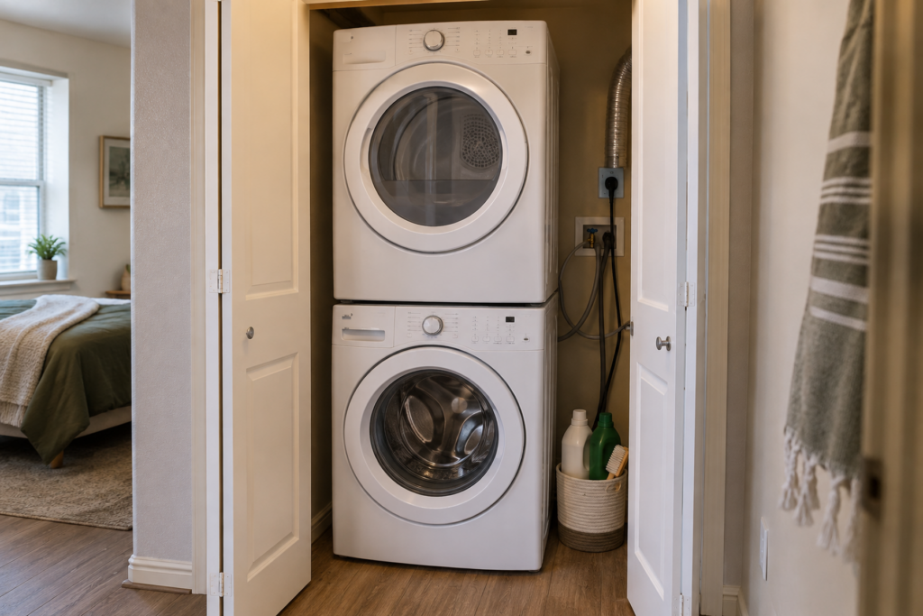 How to Store Laundry Supplies in a Small Closet With a Stacked Washer and Dryer