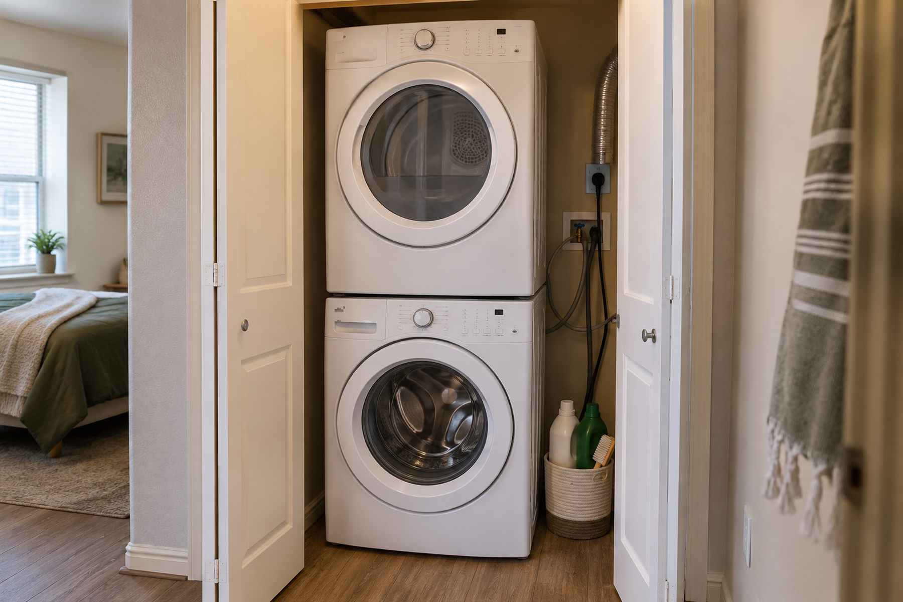 A stacked washer and dryer in a very small apartment laundry closet with a compact active-supply caddy and clear utility and appliance access.