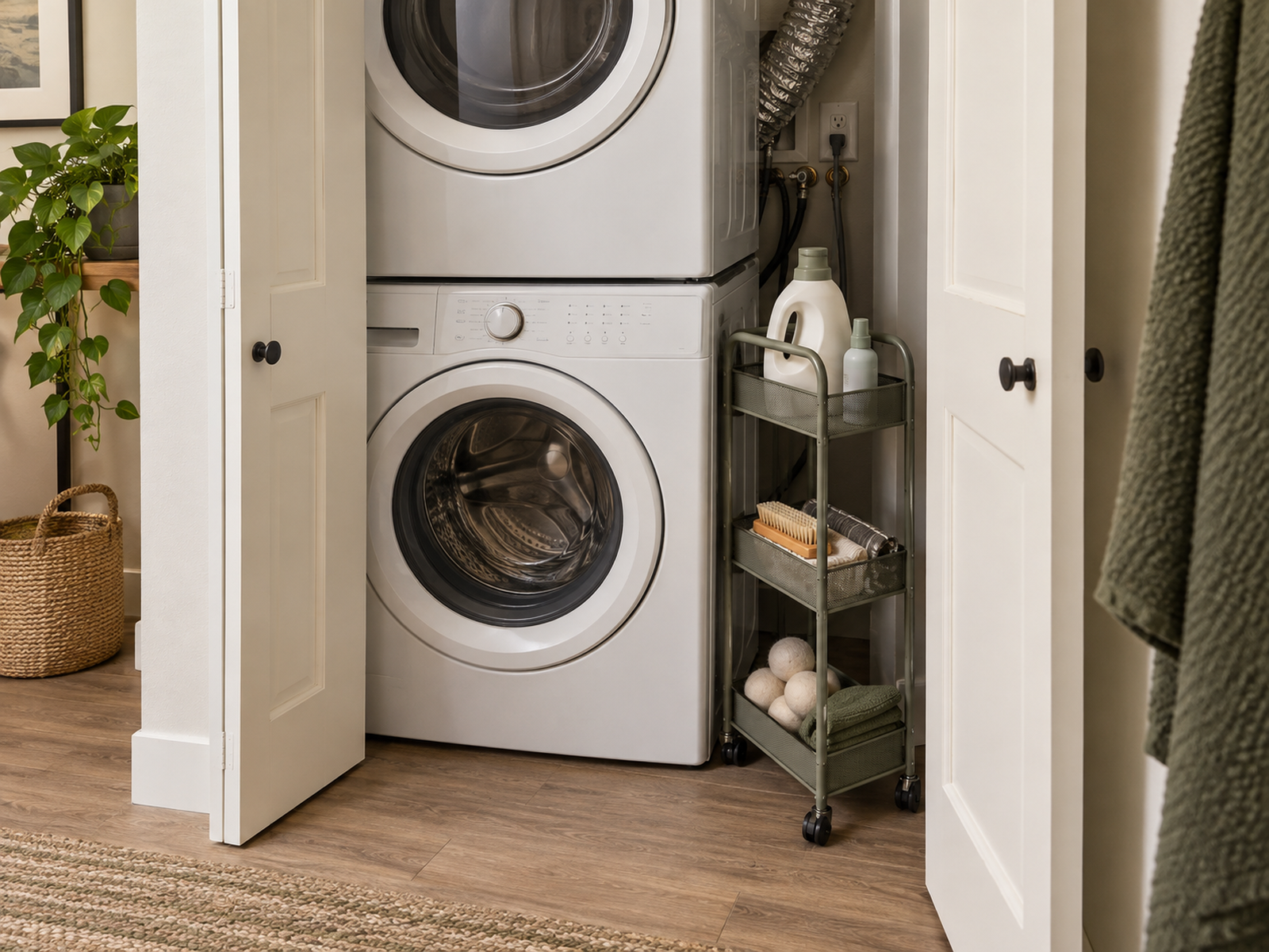 A slim rolling laundry-supply cart is partially pulled from a narrow side gap beside a stacked washer and dryer, with the appliance front and utility connections clear.