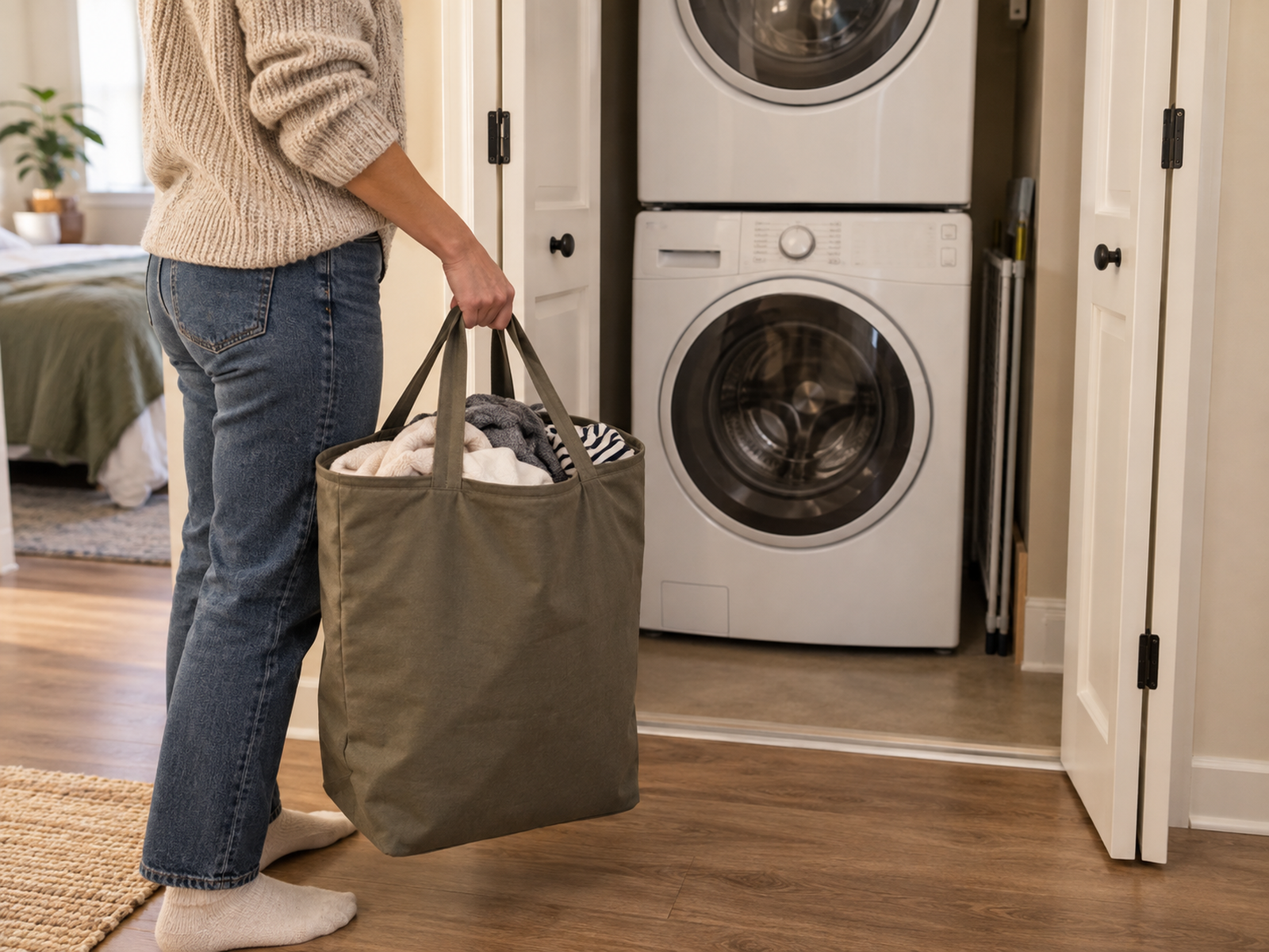 An adult carries a soft-sided laundry hamper toward a small stacked washer and dryer closet while the closet floor and washer access remain clear.