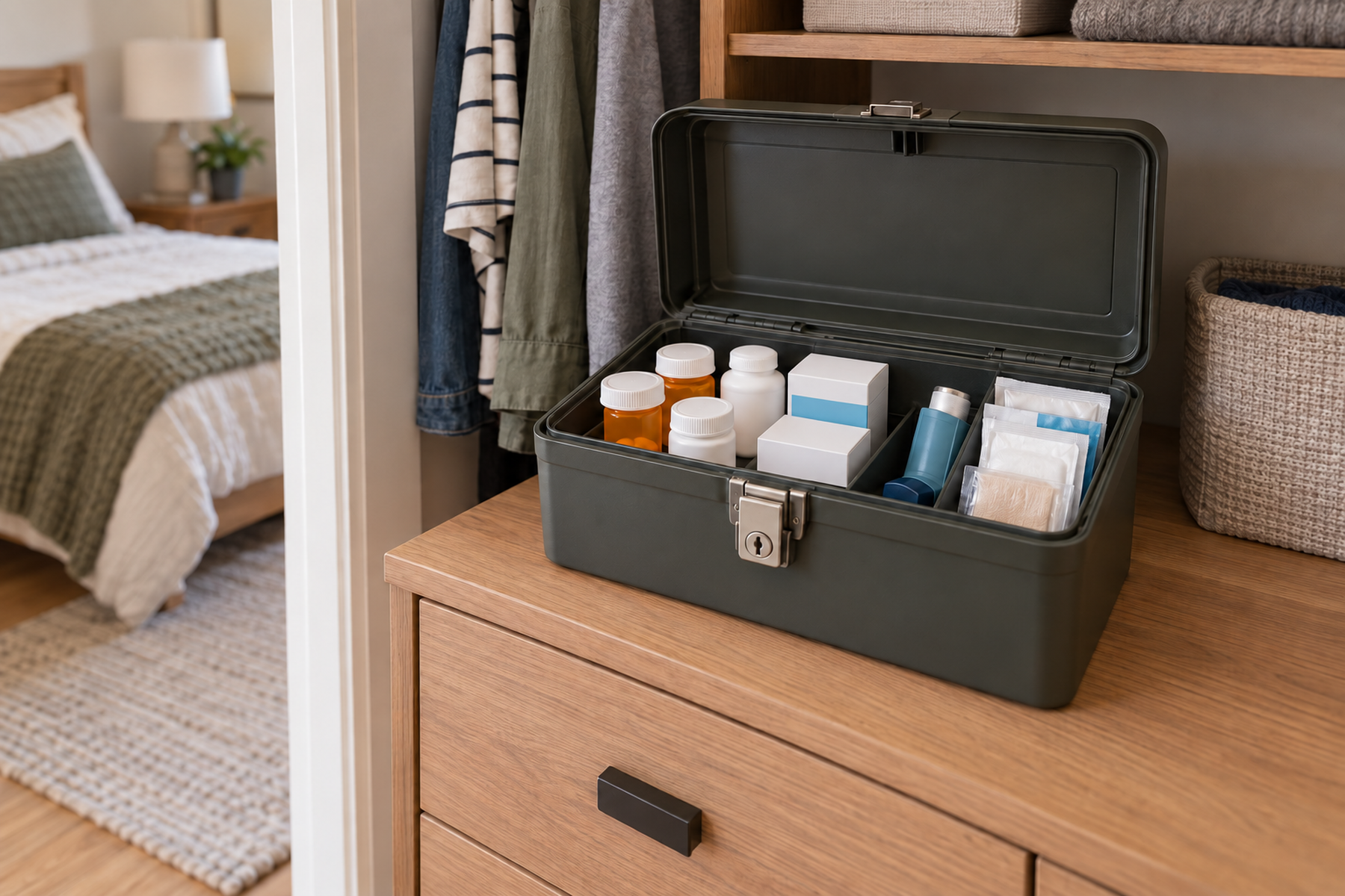 Portable locking box on a bedroom closet dresser holds blank medicine bottles, boxes, an inhaler, and packaged supplies in a compact apartment.