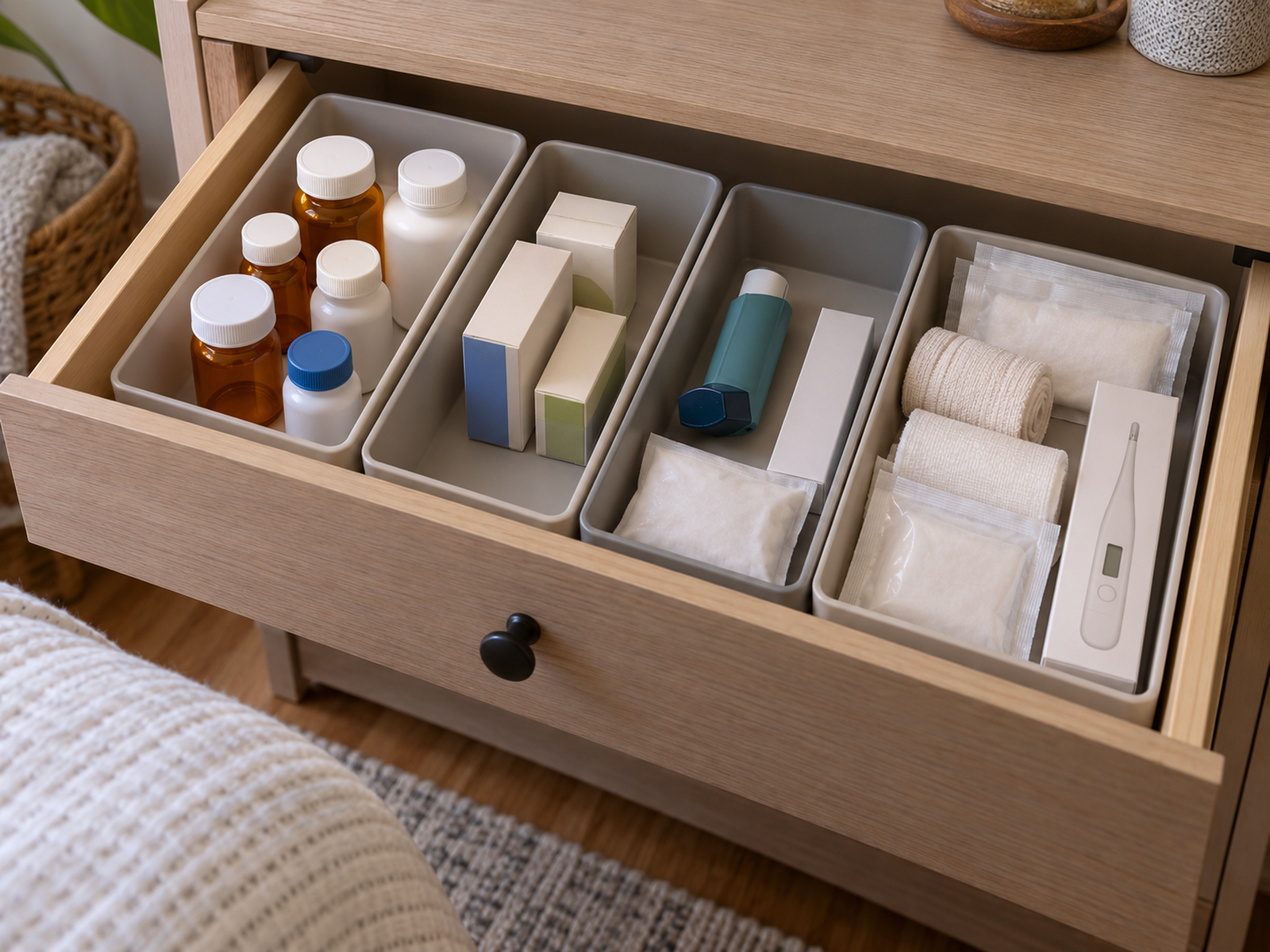 Fully open shallow bedroom drawer uses four broad bins to separate blank medicine bottles, boxes, an inhaler, and packaged first-aid supplies for direct retrieval.