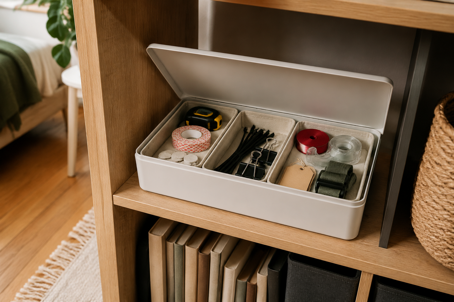 A shallow lidded utility box open on a small-apartment shelf, with three compact compartments holding tape, clips, cable ties, felt pads, gift tags, and a luggage strap.